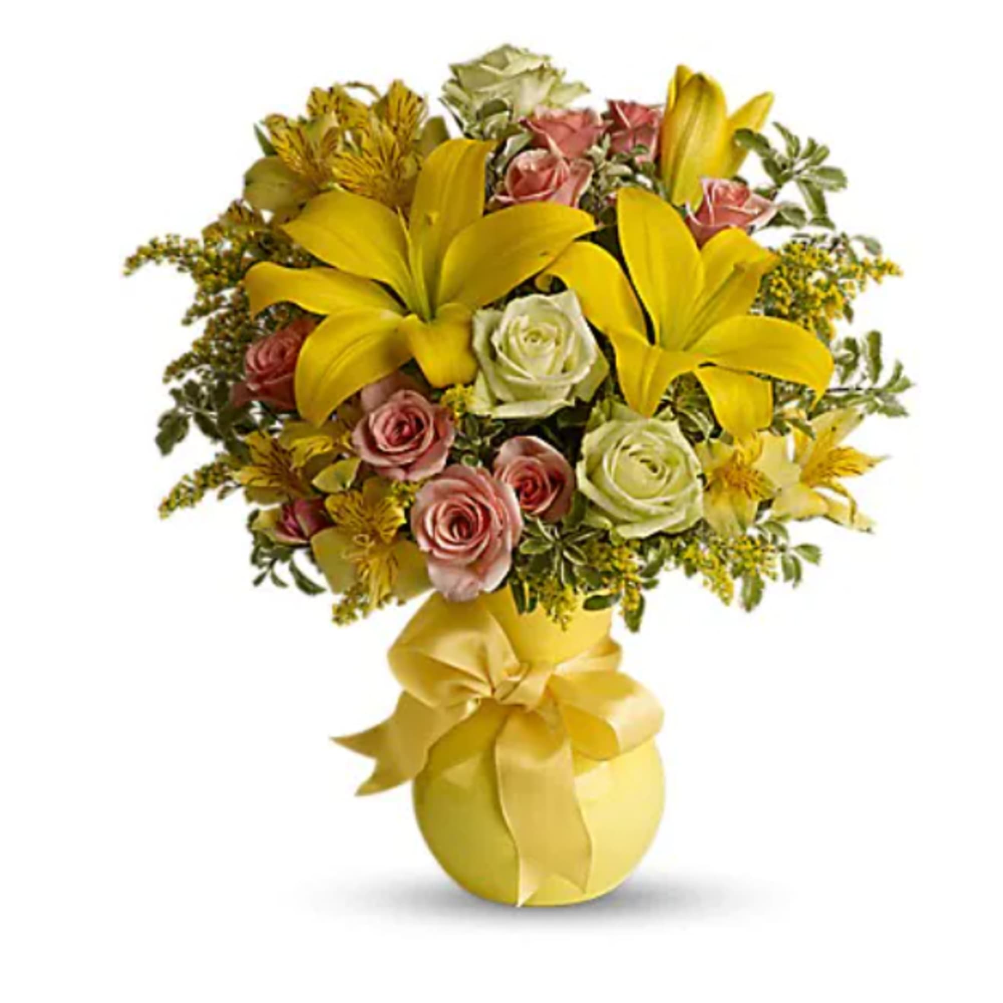 Yellow lilies and pink roses in a yellow vase with a ribbon