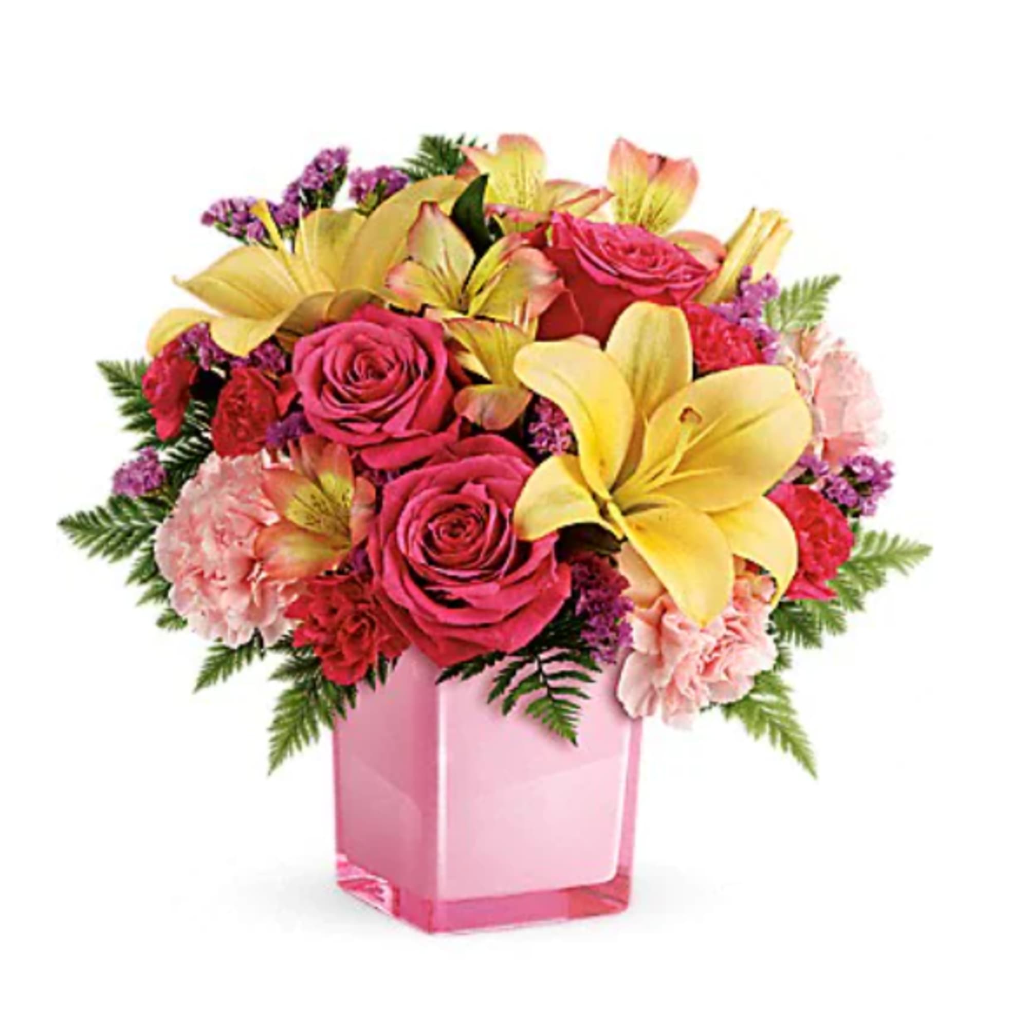 Bouquet of pink roses, yellow lilies, and carnations in a pink vase