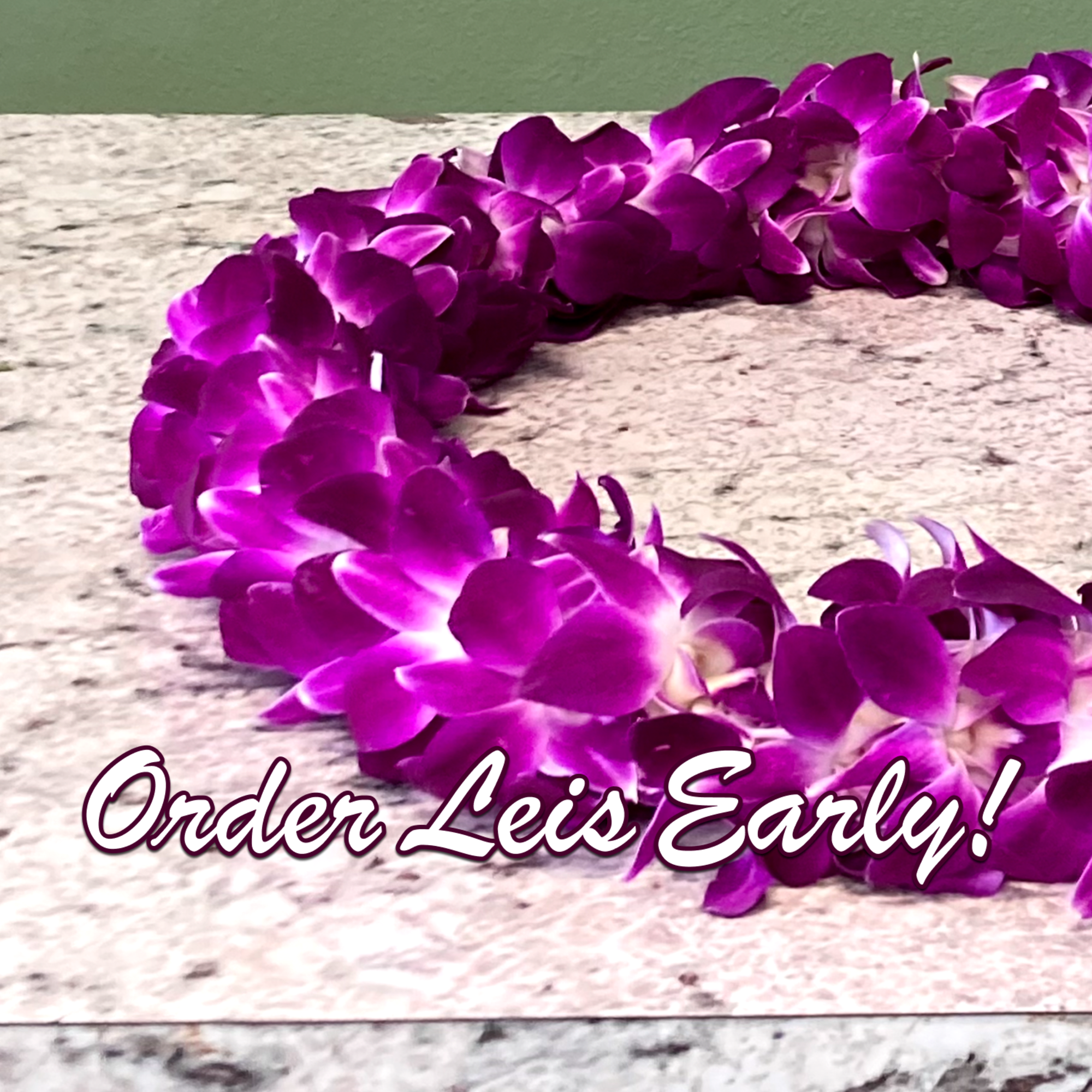 Purple orchid lei on a stone surface with text overlay