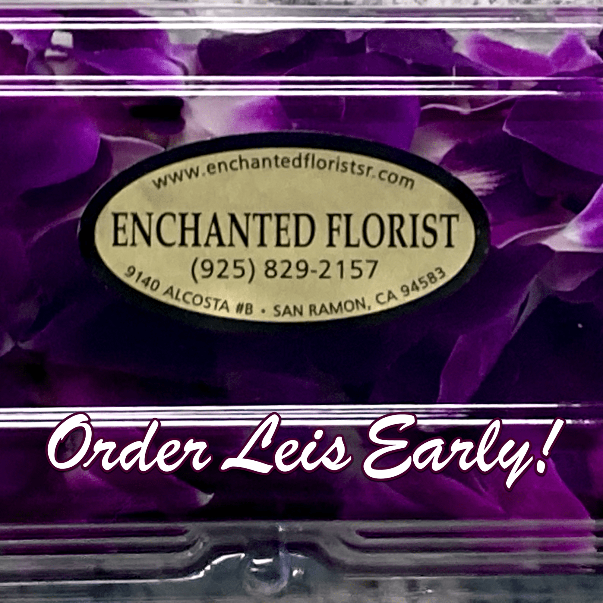 Purple flower petals in a clear plastic container with a florist label