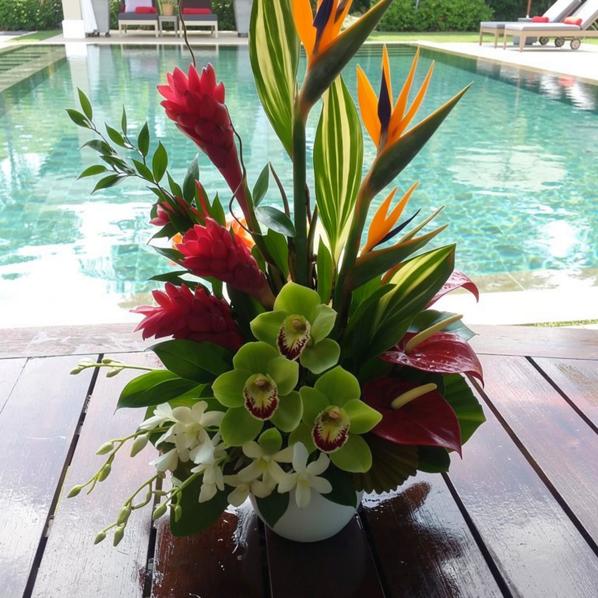 Tropical flower arrangement with orchids and bird-of-paradise in a white vase