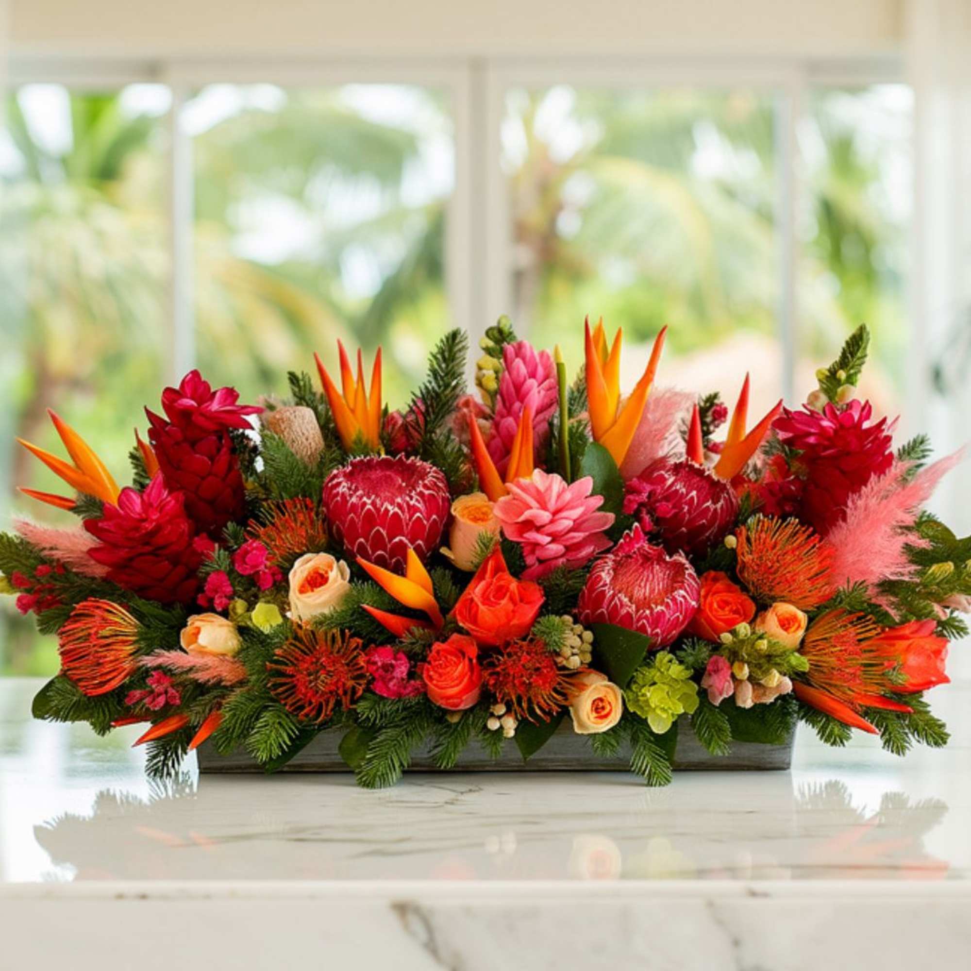 Tropical flower arrangement with red and orange blooms in a rectangular container