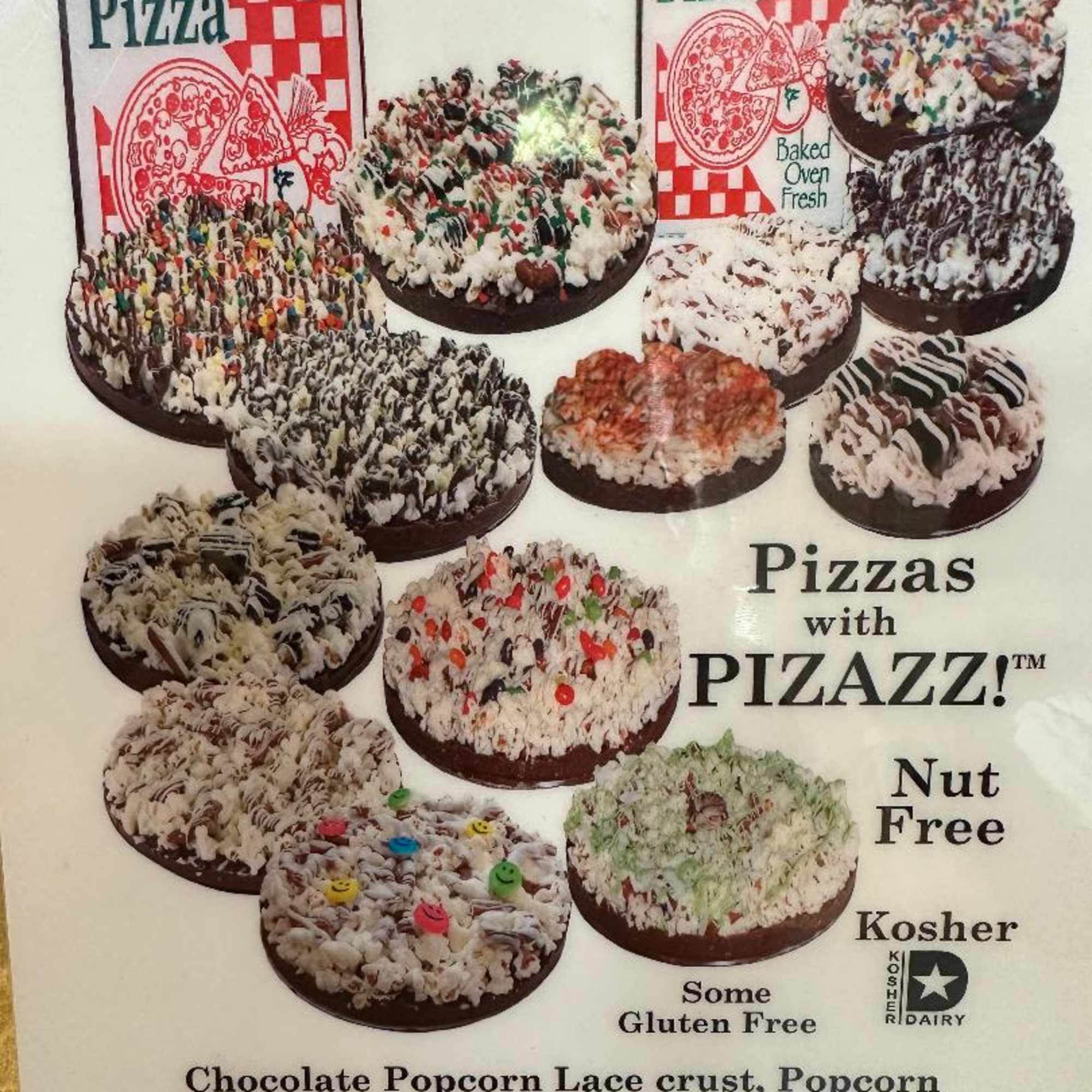 Poster showing assorted chocolate-drizzled popcorn pizzas in pizza boxes