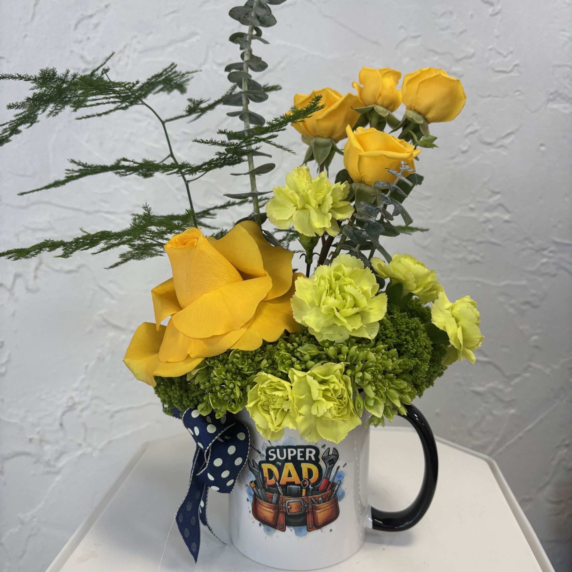 Send Dad on a Gone Fishing adventure. Yellow Roses and various greens