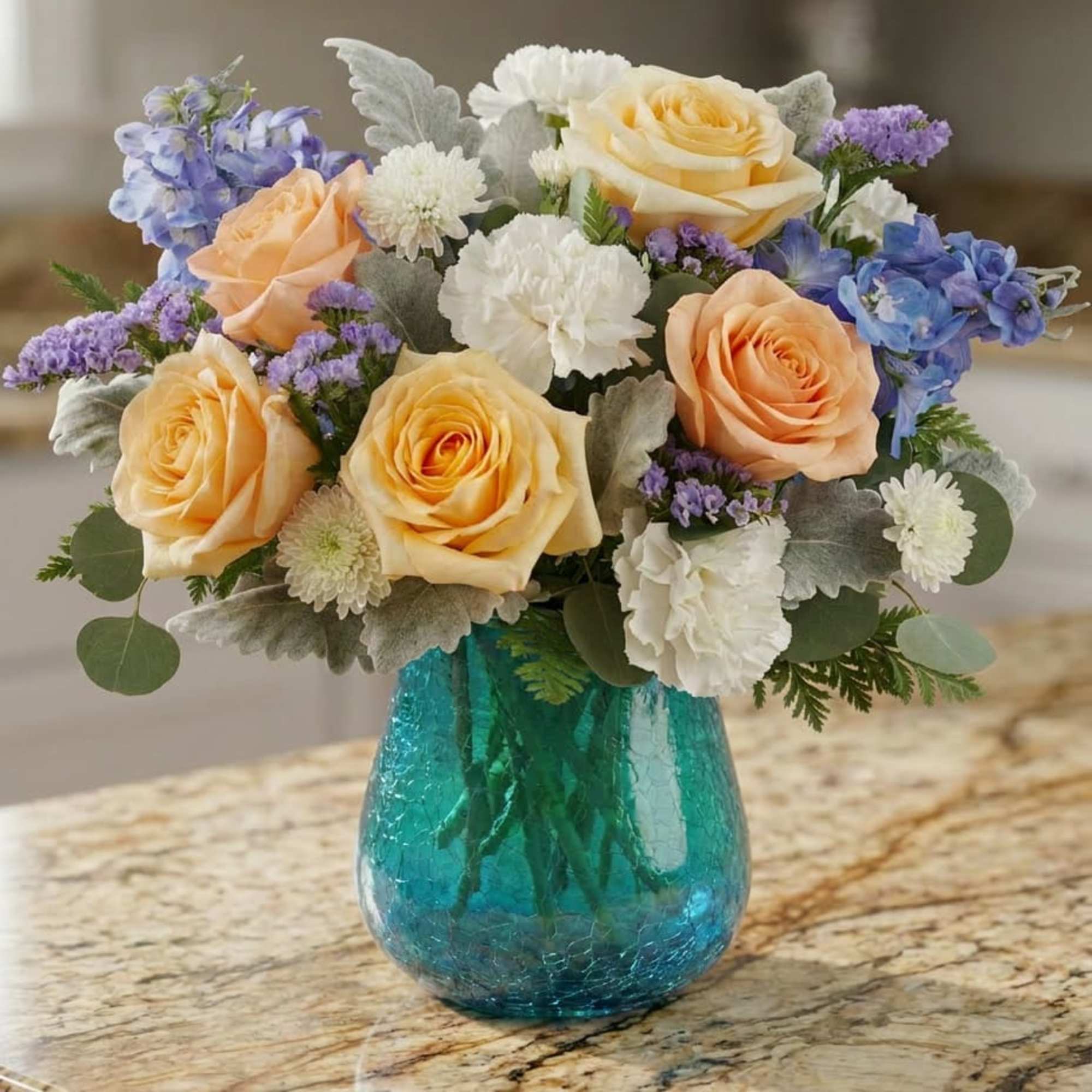 Soft, elegant, and effortlessly calming, Coastal Pastel Serenity features creamy peach roses