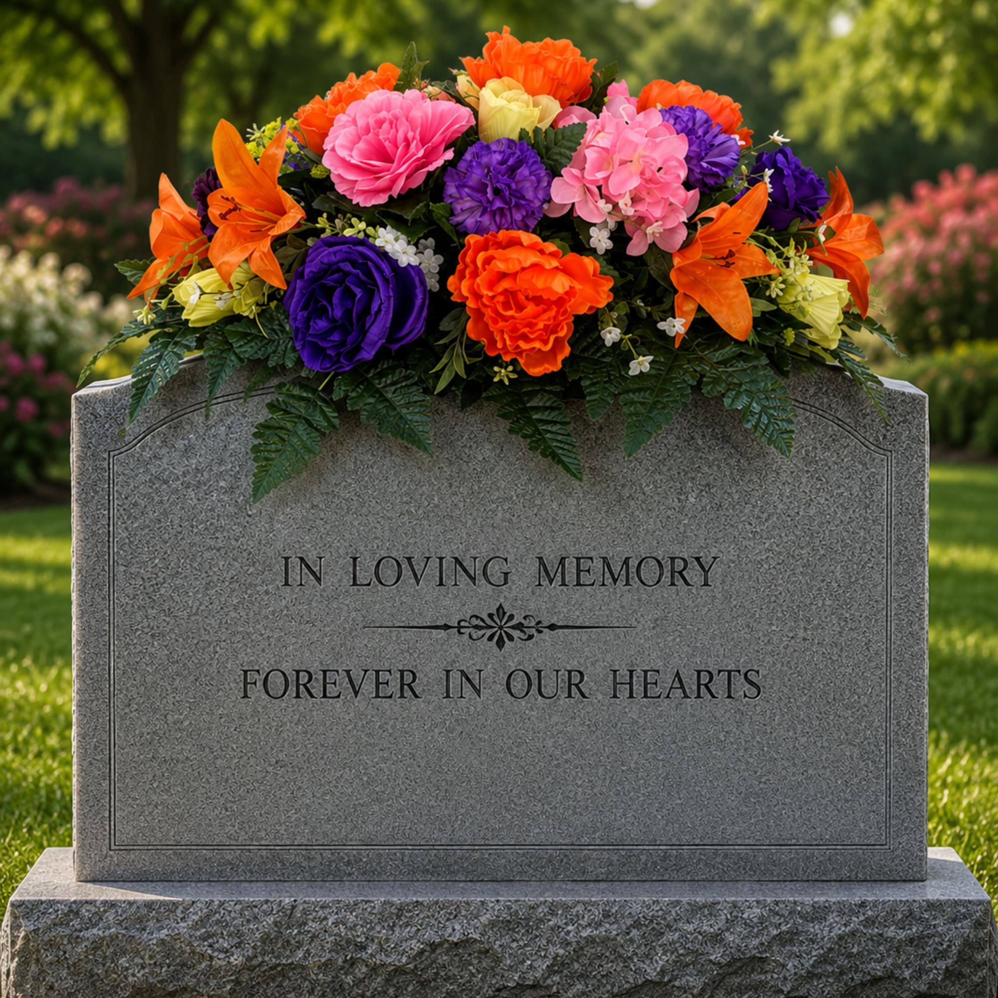 Memories Garden silk memorial saddle is a vibrant cemetery arrangement designed to