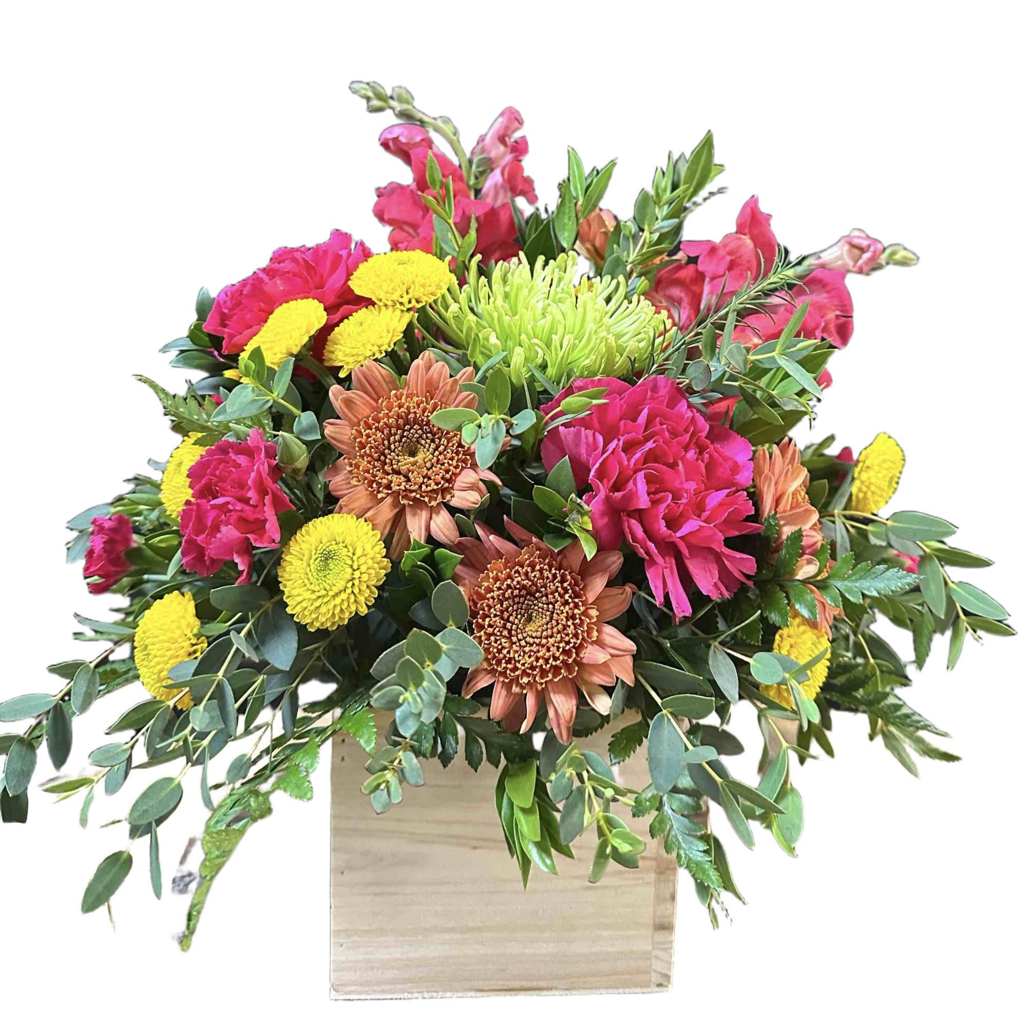 Wooden box of bright pink carnations, yellow button mums, orange blooms and