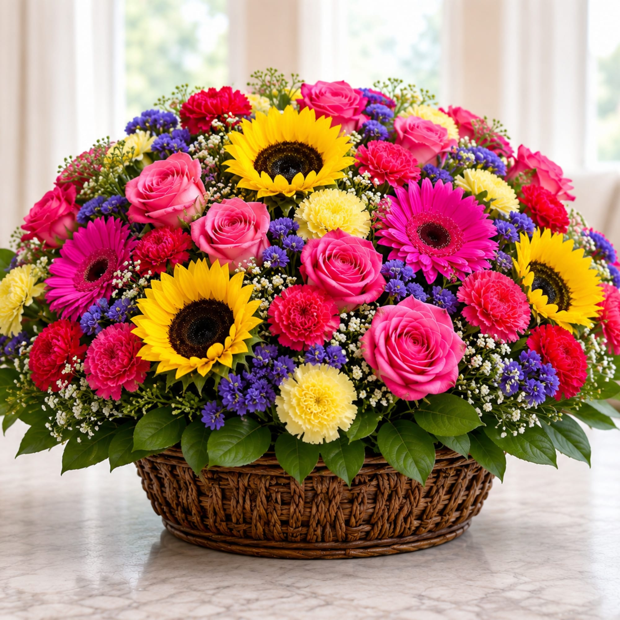 Bright, cheerful, and full of color, this stunning basket arrangement is designed
