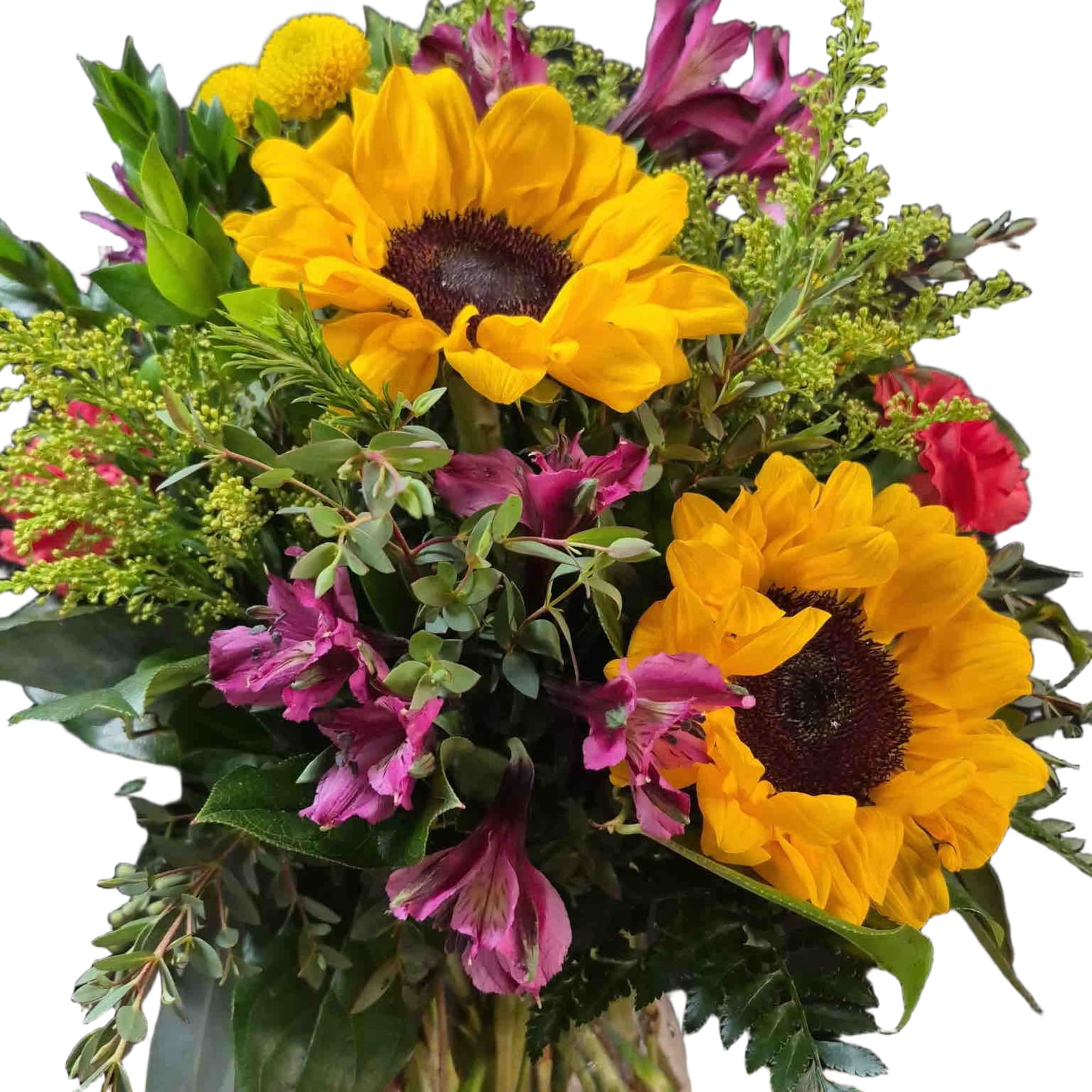 Sunflowers with purple alstroemeria, pink carnations,  yellow buttons,  and solidago