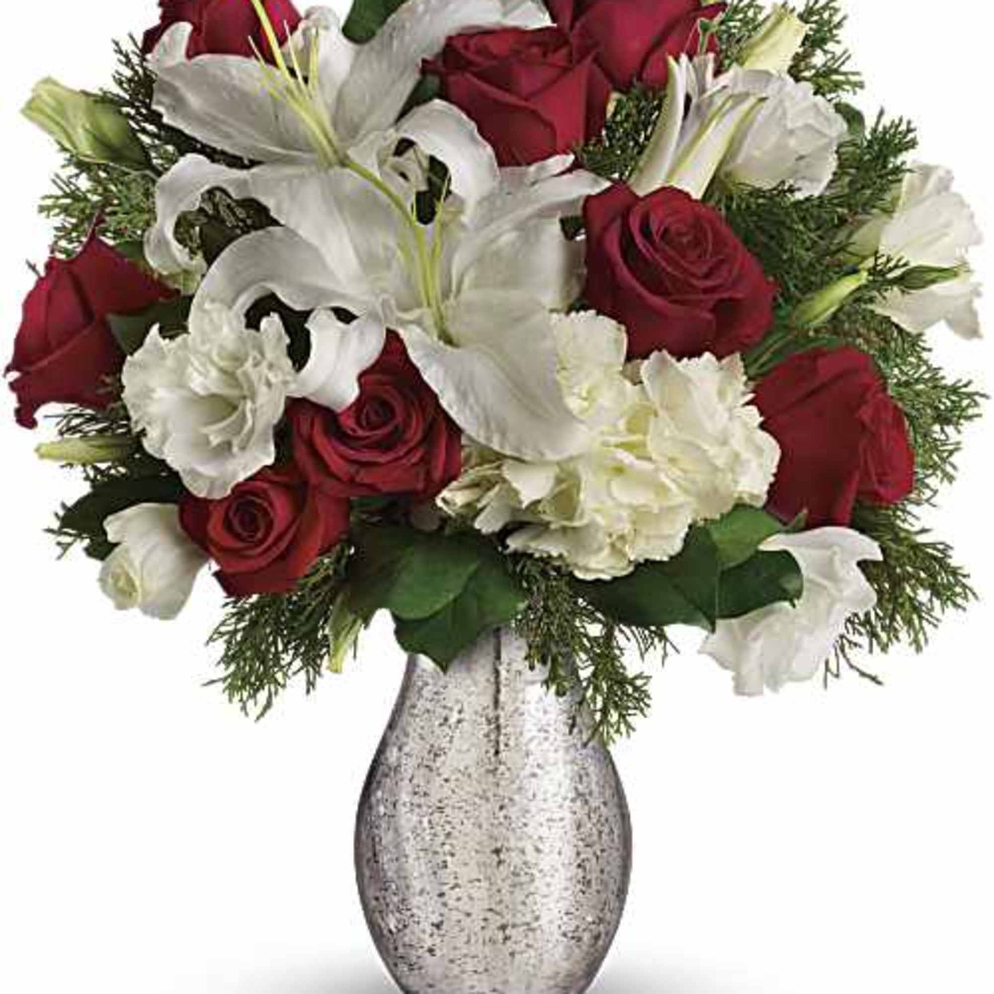 The picture of holiday romance. Wonderful white hydrangea and rich red roses