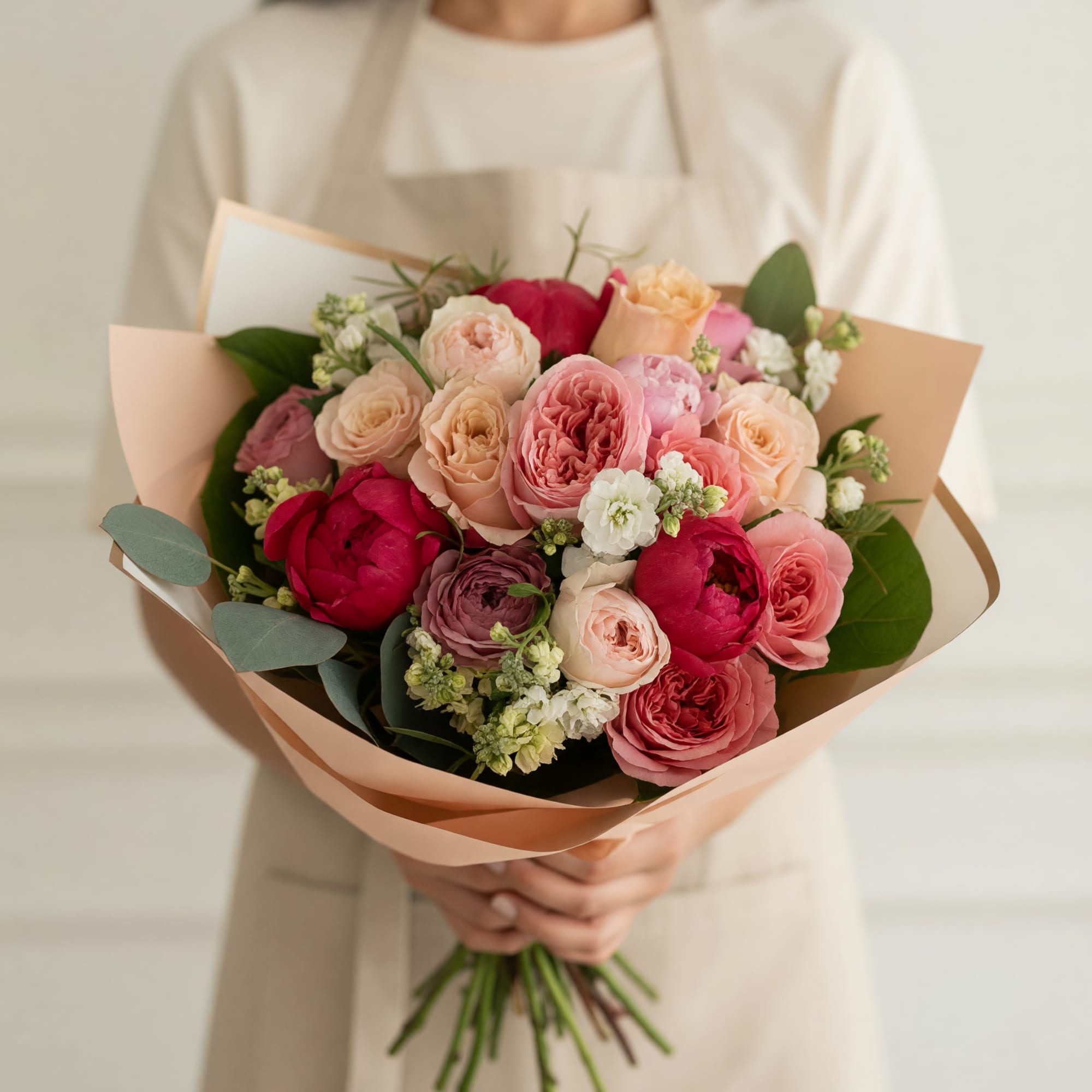 Layered roses in blush, peach, coral and deep pink form the heart
