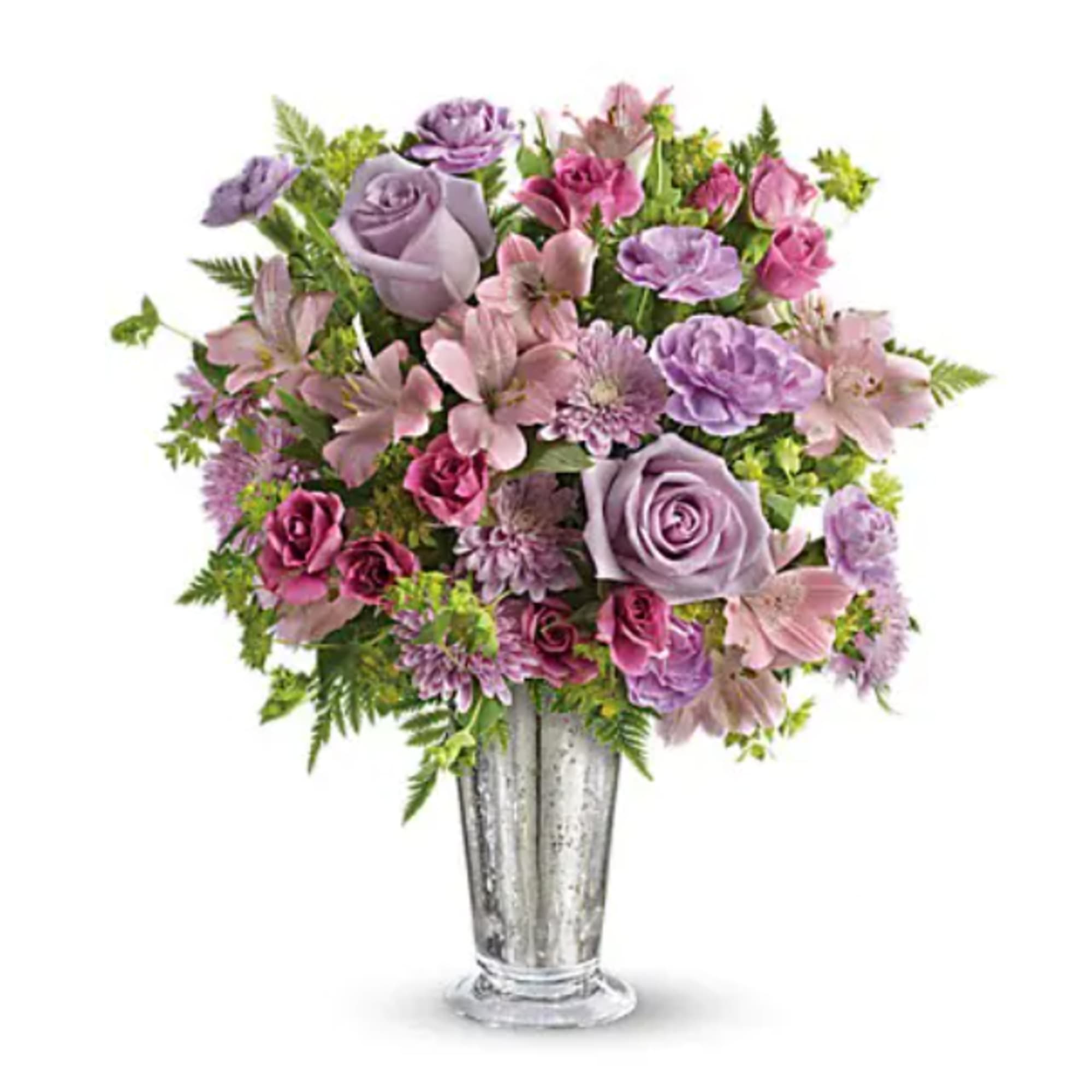 Lavender and pink bouquet in a clear glass vase