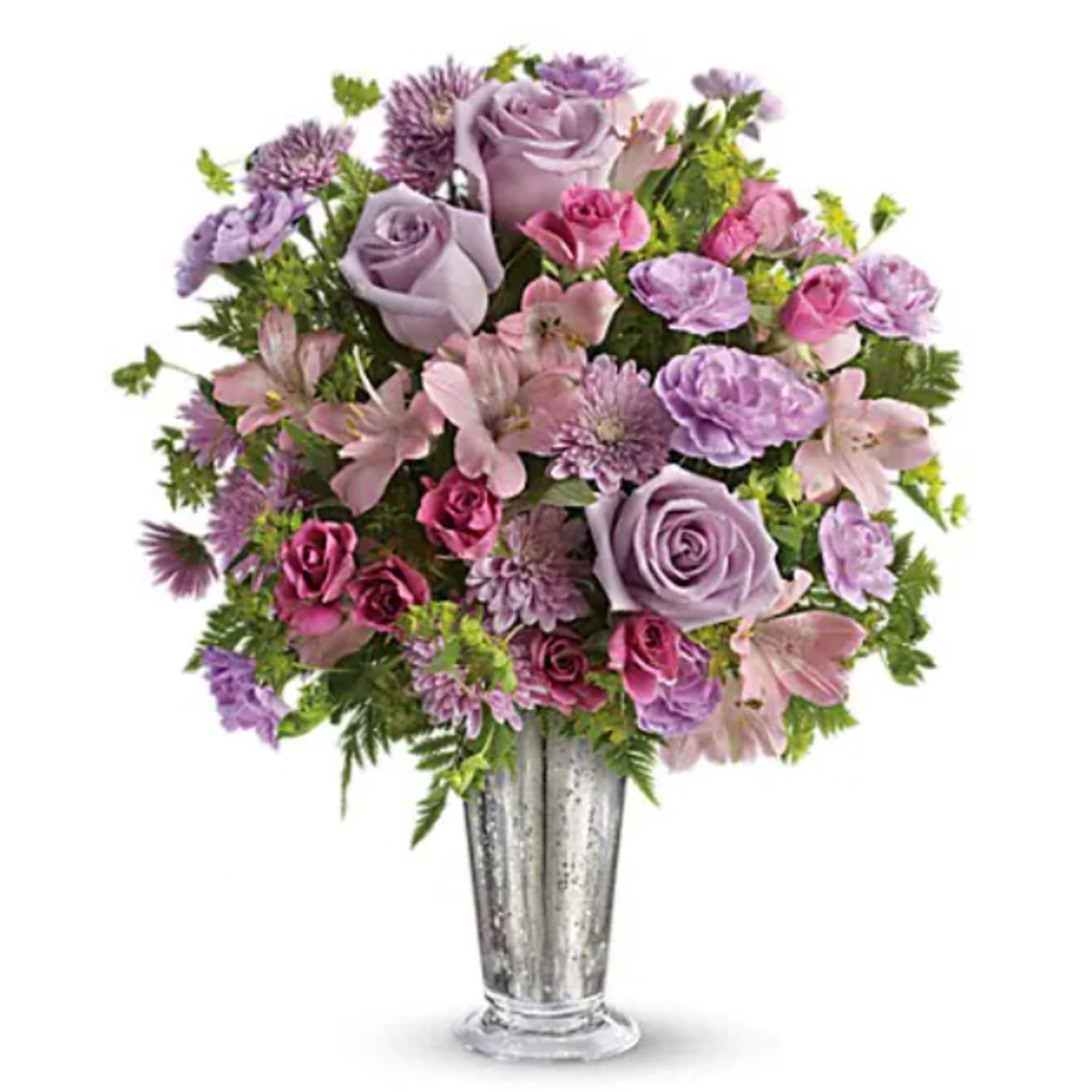 Lavender and pink flower arrangement in a silver vase