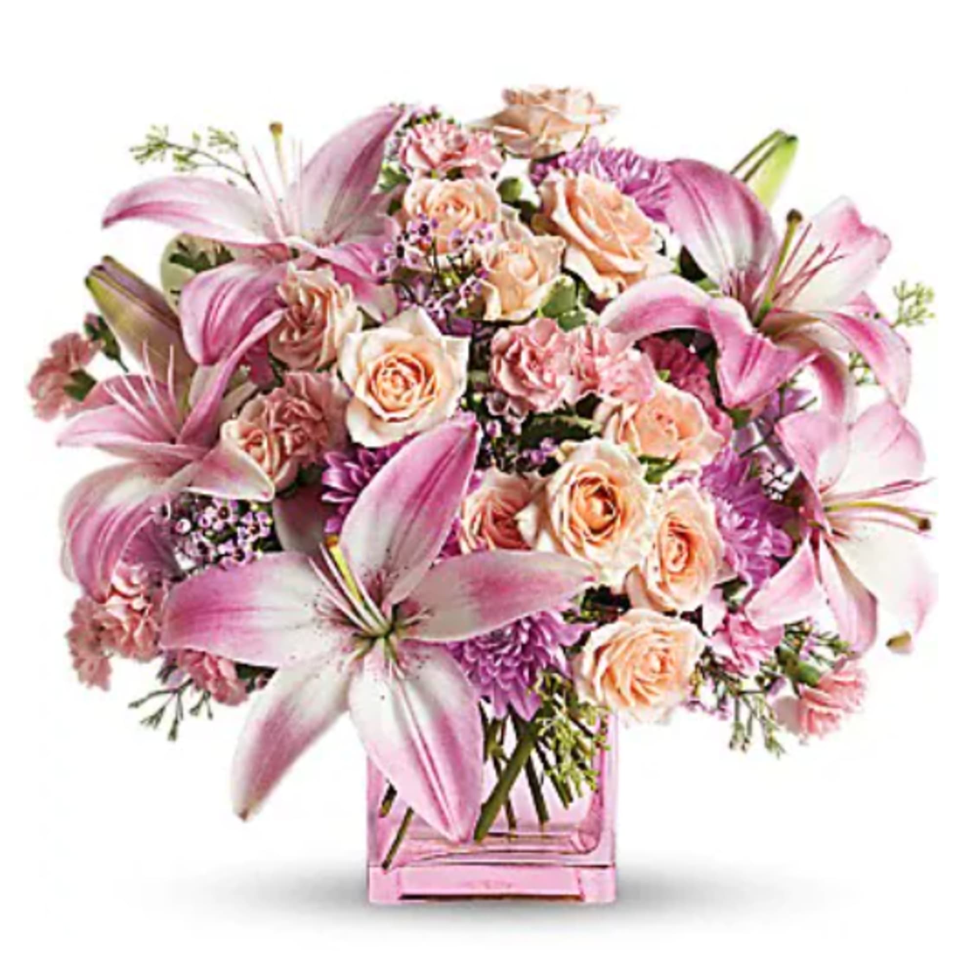 Pink lilies and peach roses in a pink glass vase