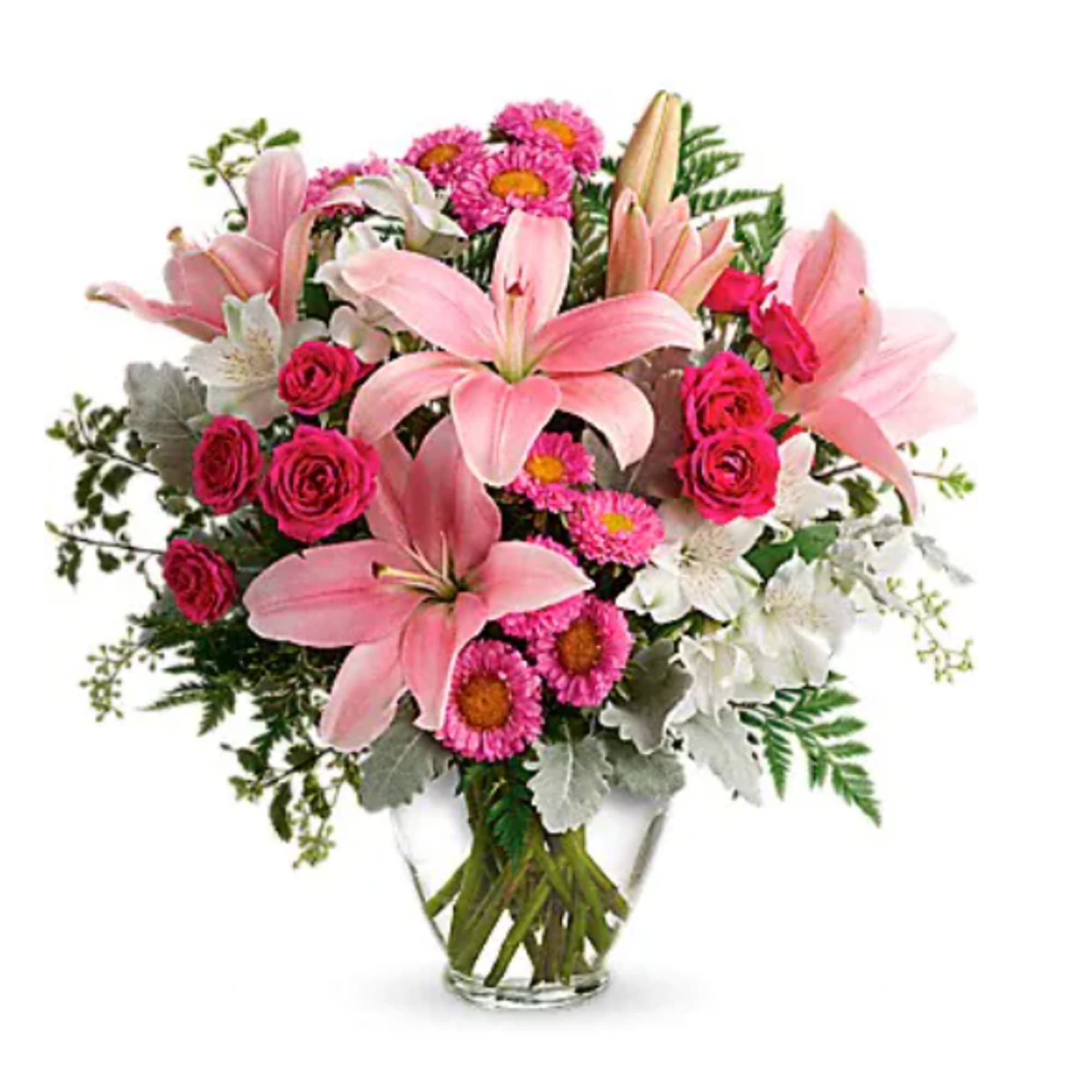 Pink lilies and roses in a clear glass vase