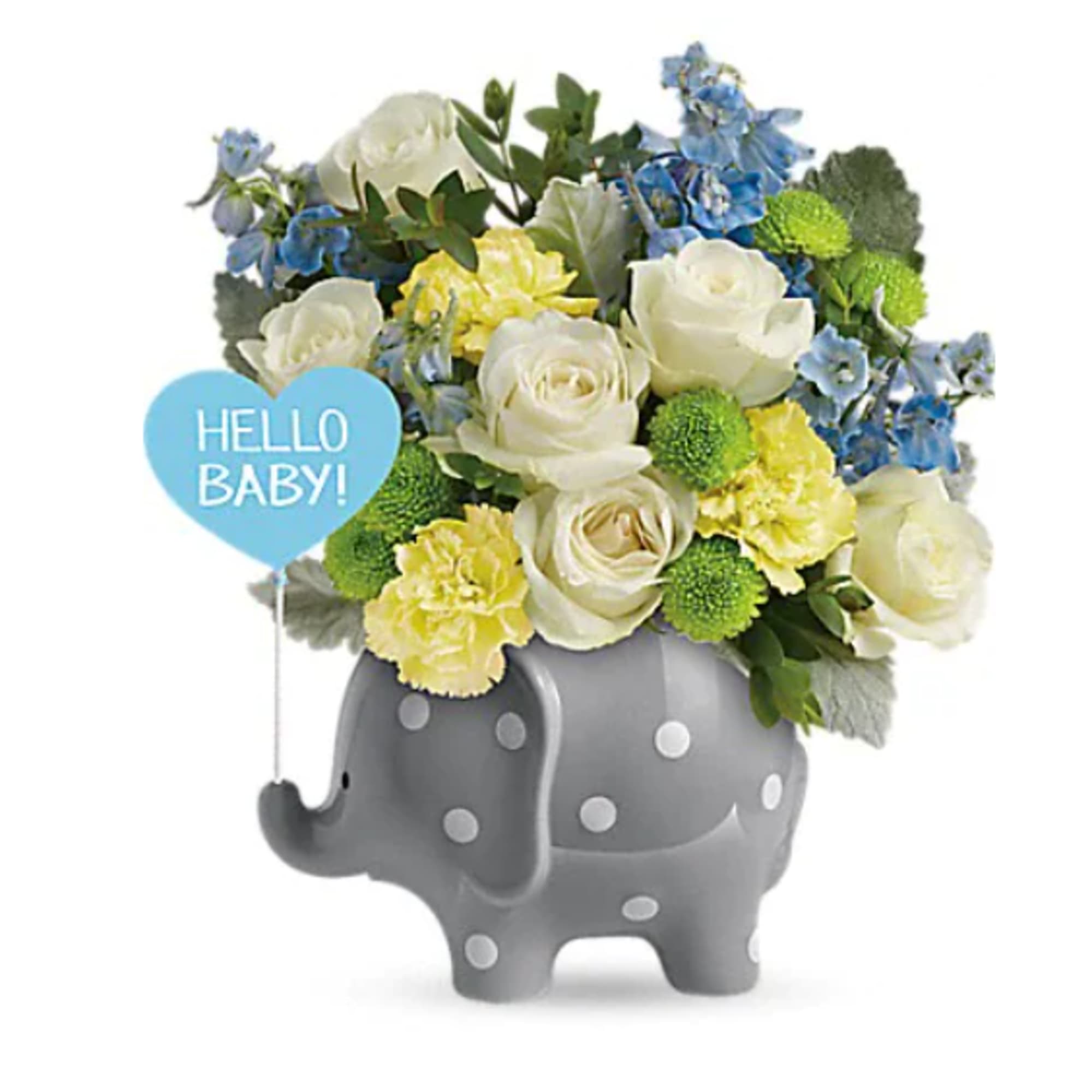 Bouquet of white, yellow, and blue flowers in a gray elephant container with a baby sign
