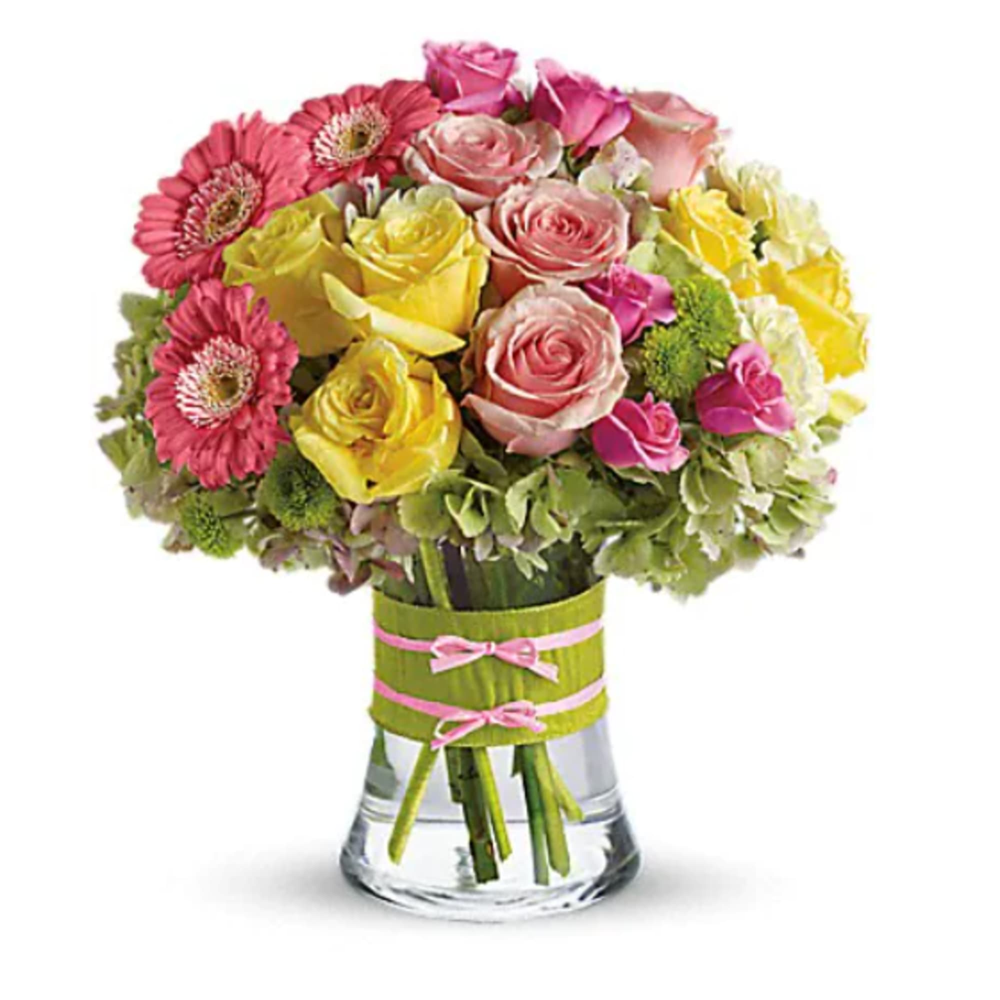 Bouquet of pink and yellow roses with gerbera daisies in a glass vase