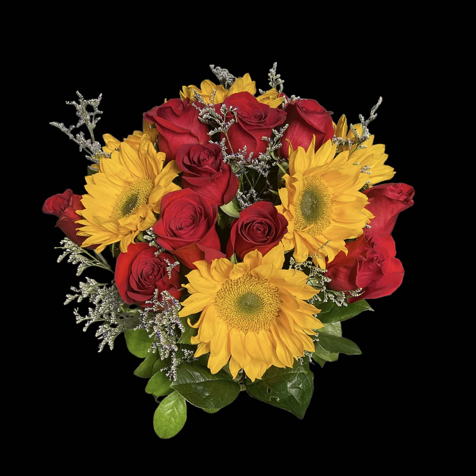 Bouquet of red roses and yellow sunflowers