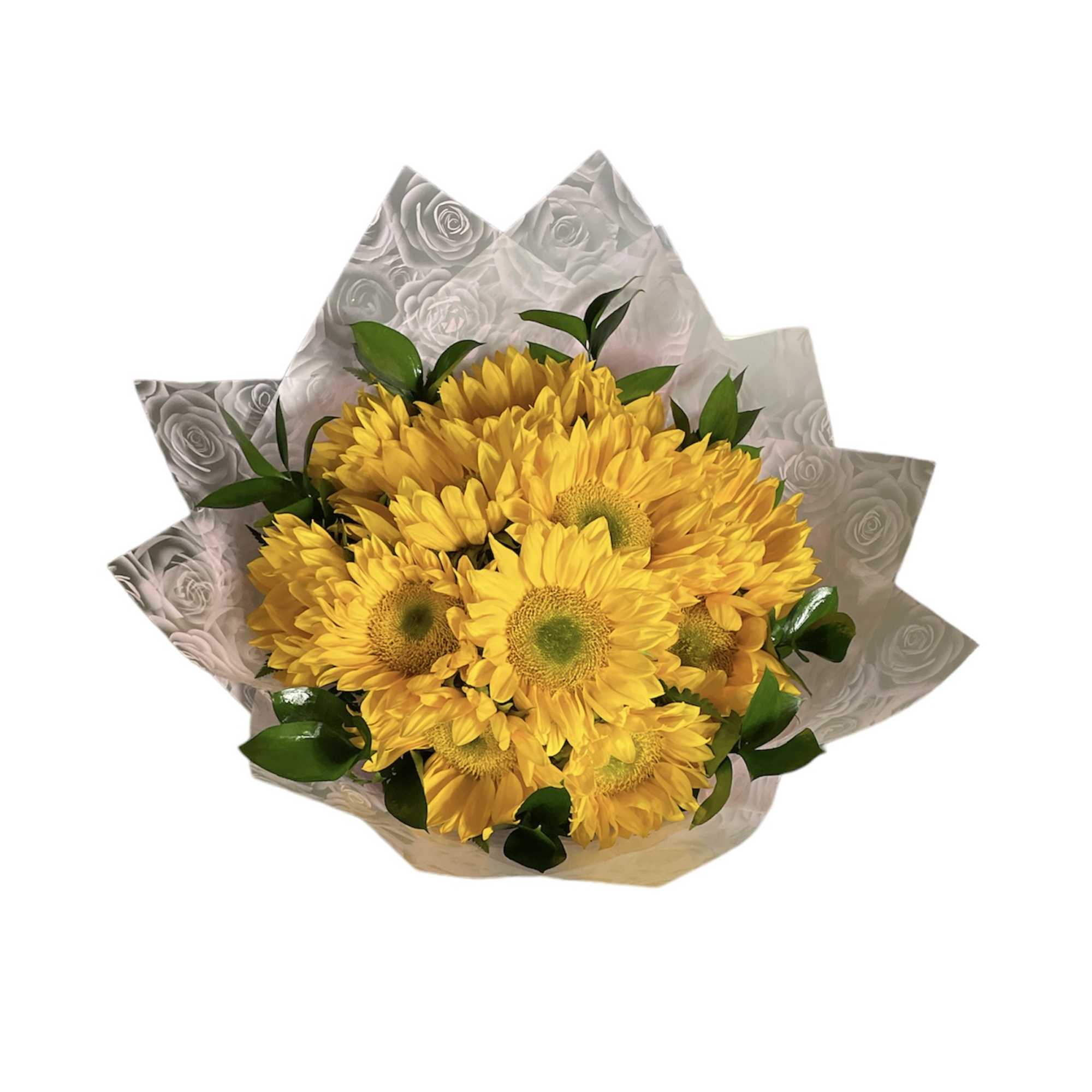 Bouquet of yellow sunflowers wrapped in patterned paper