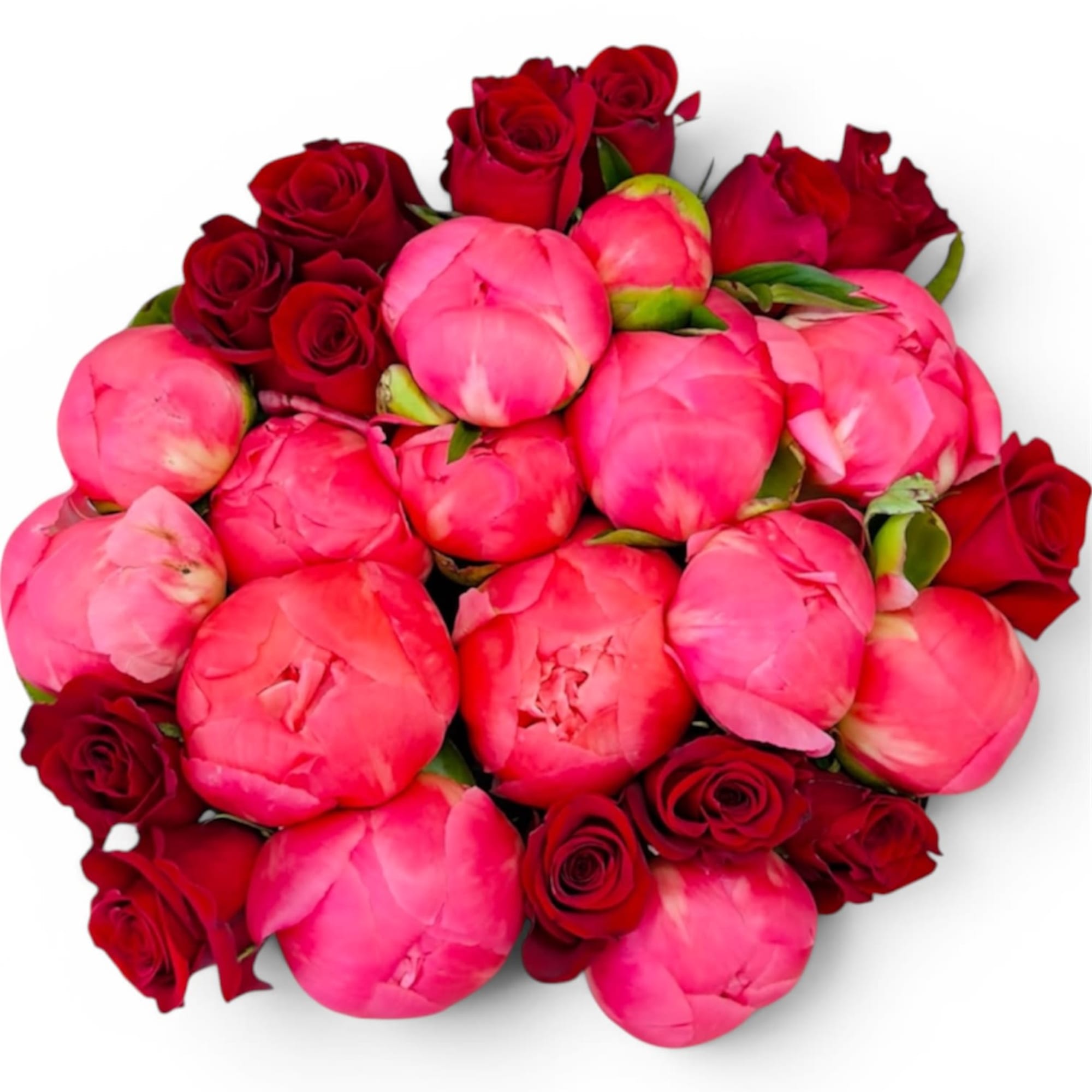 Lush pink peonies paired with deep red roses create an instant romantic