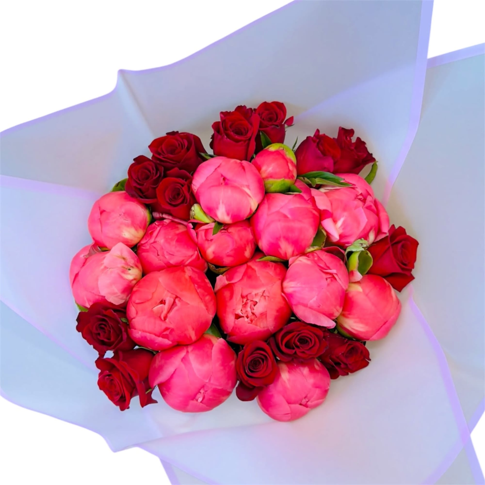 Lush pink peonies paired with deep red roses create an instant romantic
