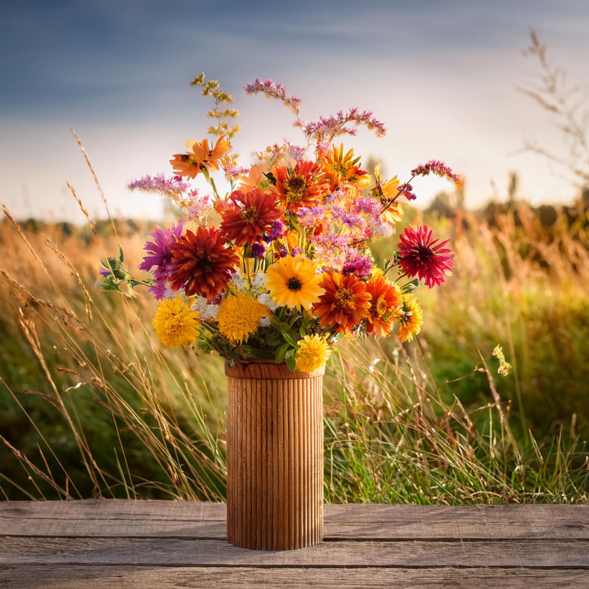 Bright mixed bouquet in a ribbed vase outdoors