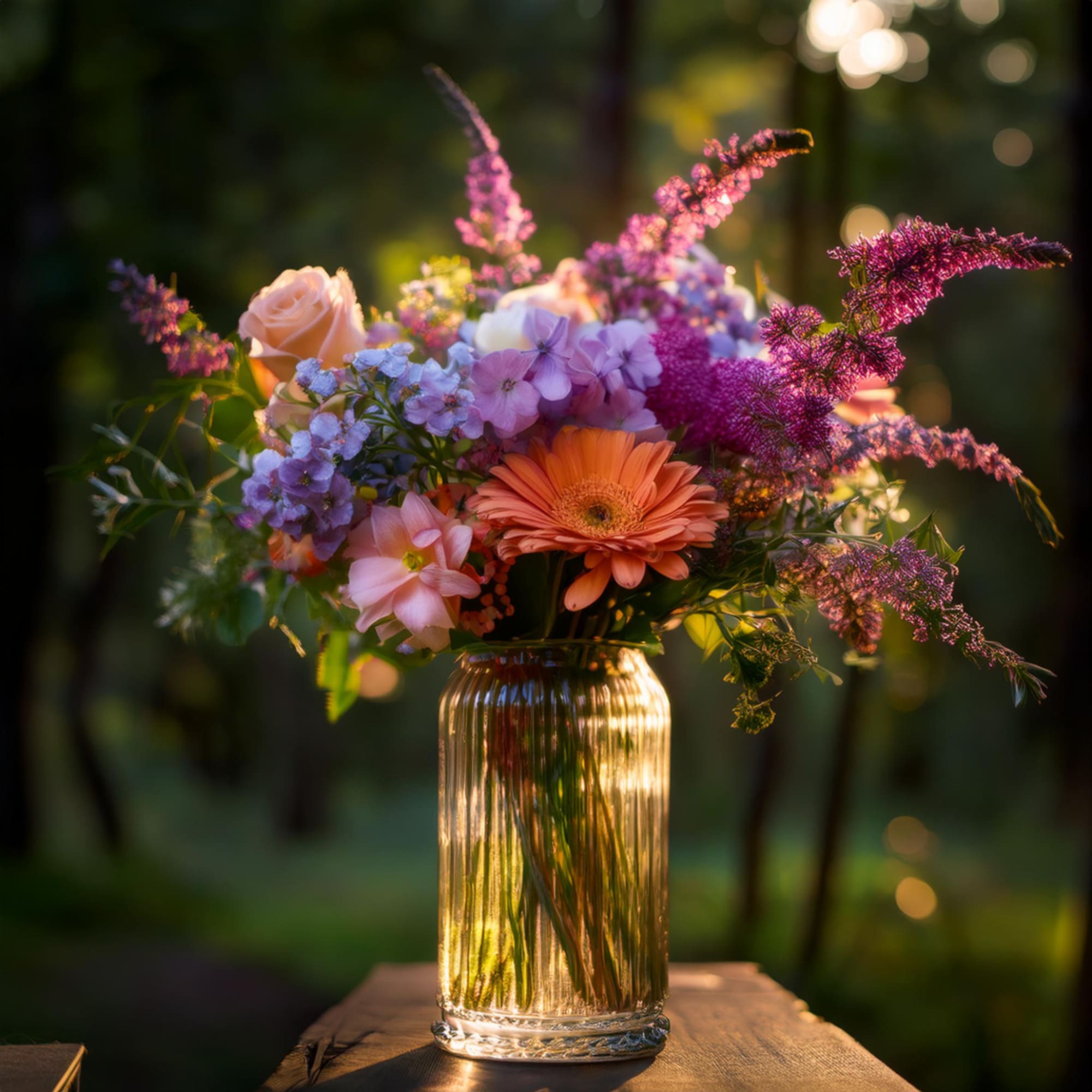 Mixed bouquet of pink, purple, and peach flowers in a glass vase