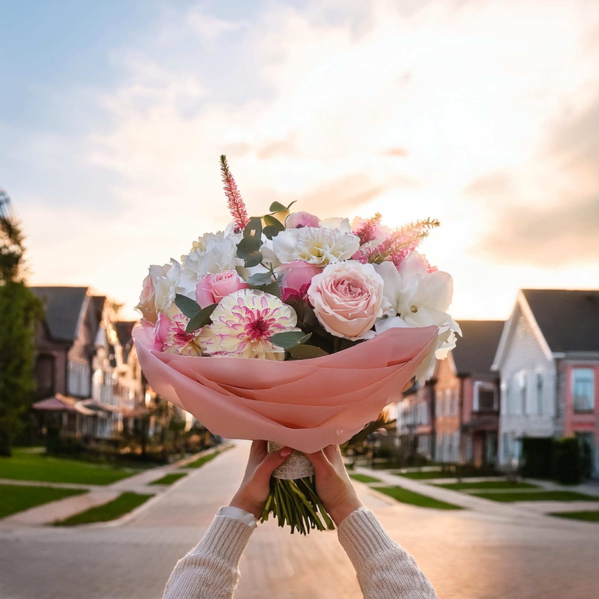 Handheld bouquet of pink and white flowers wrapped in blush paper