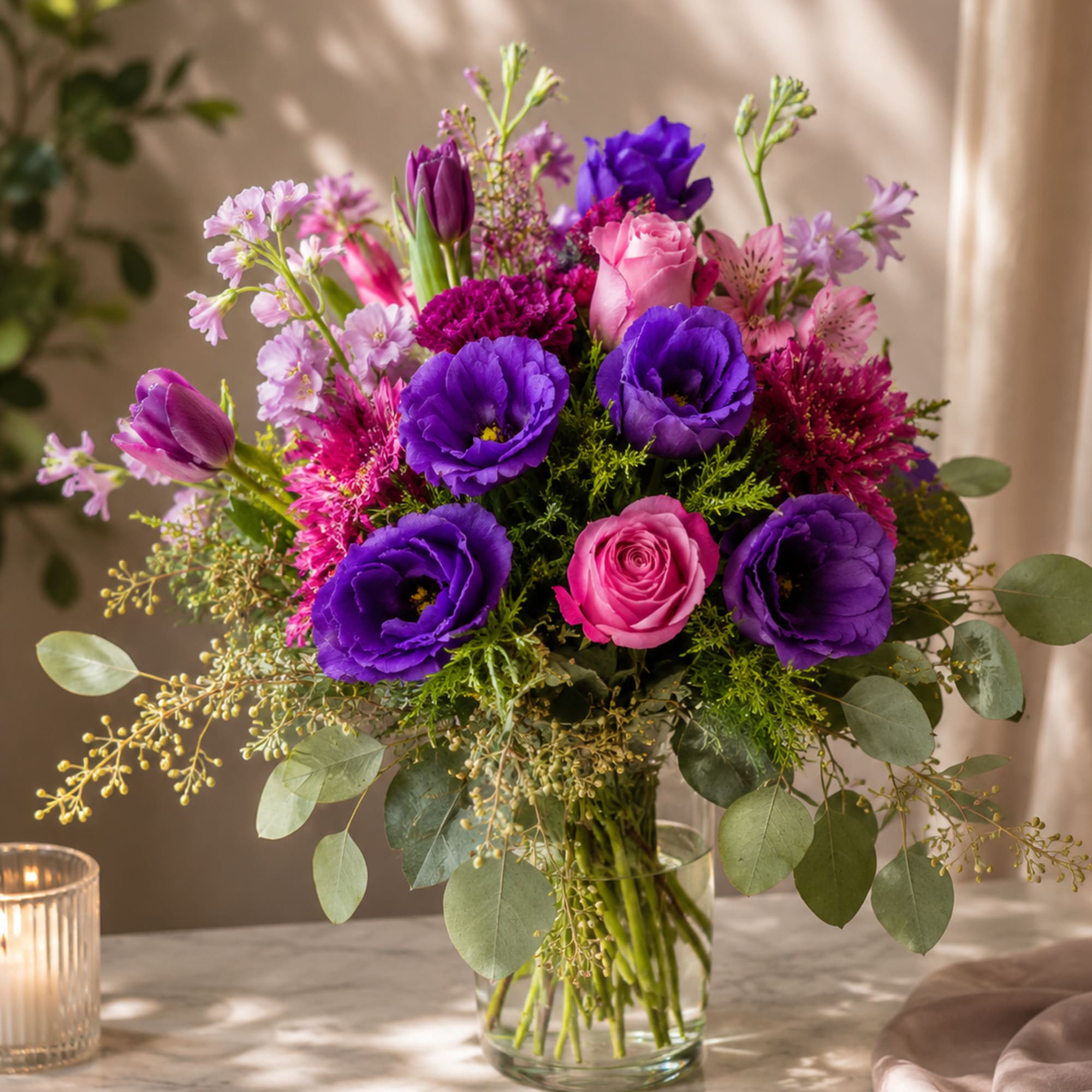 Purple and pink bouquet in a clear glass vase