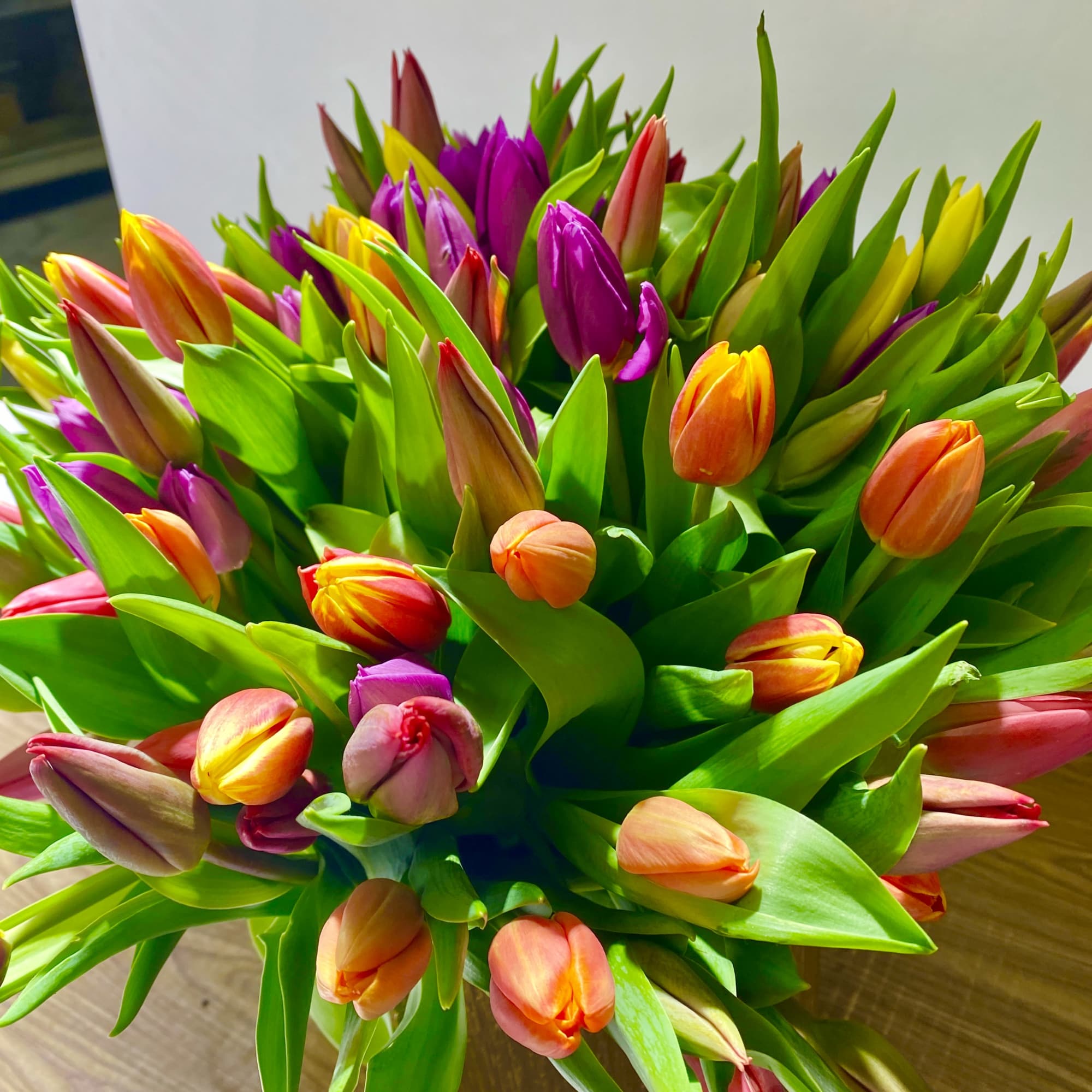 100 stems of different colors of tulips in a beautiful pink ceramics