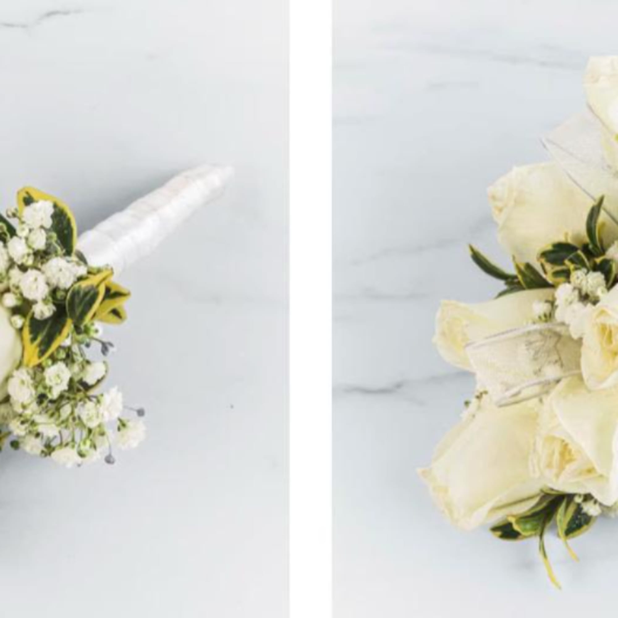 Elegant white rose prom corsage and boutonni&egrave;re set designed with fresh roses