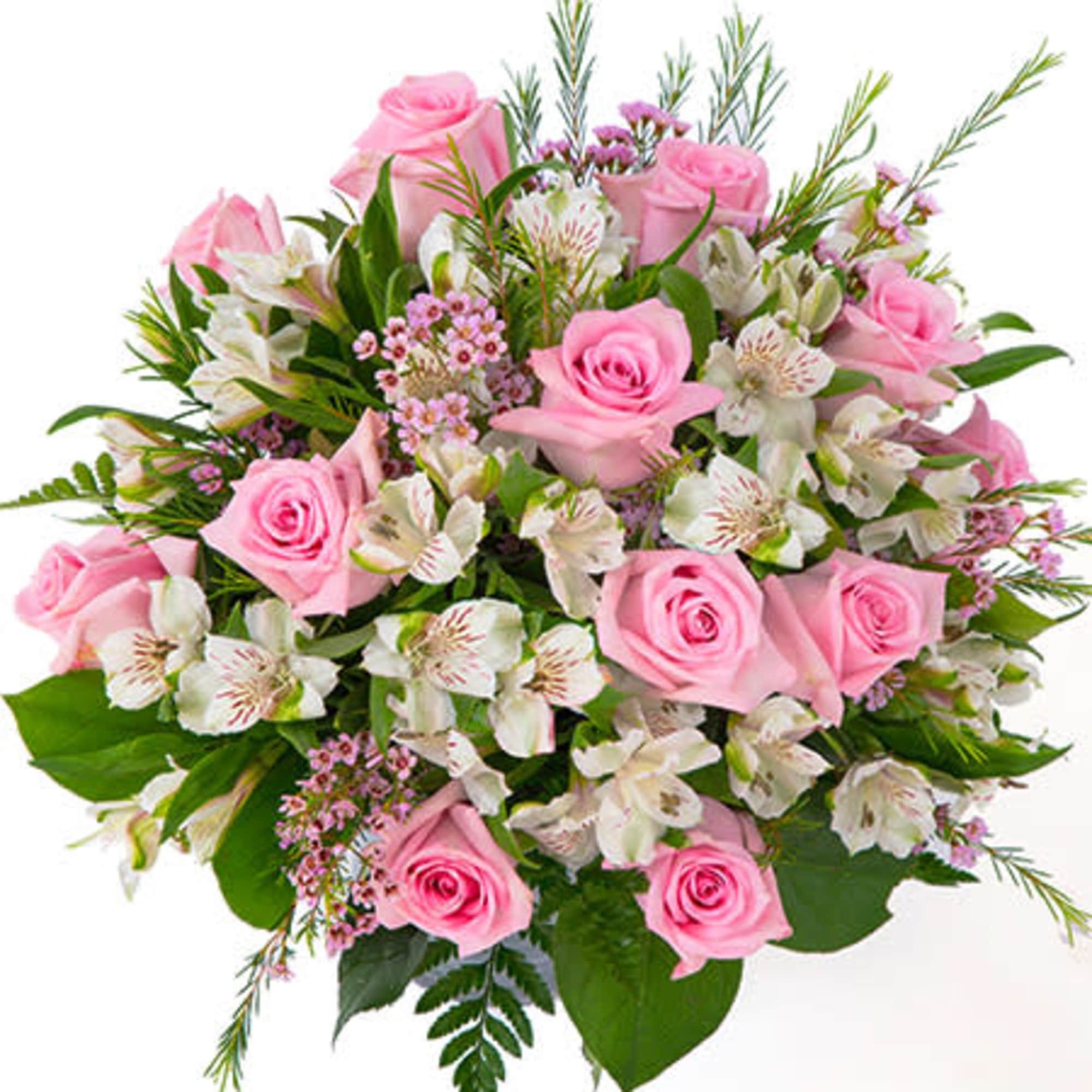 Bouquet of pink roses, white alstroemeria, and small pink blooms in a rounded arrangement
