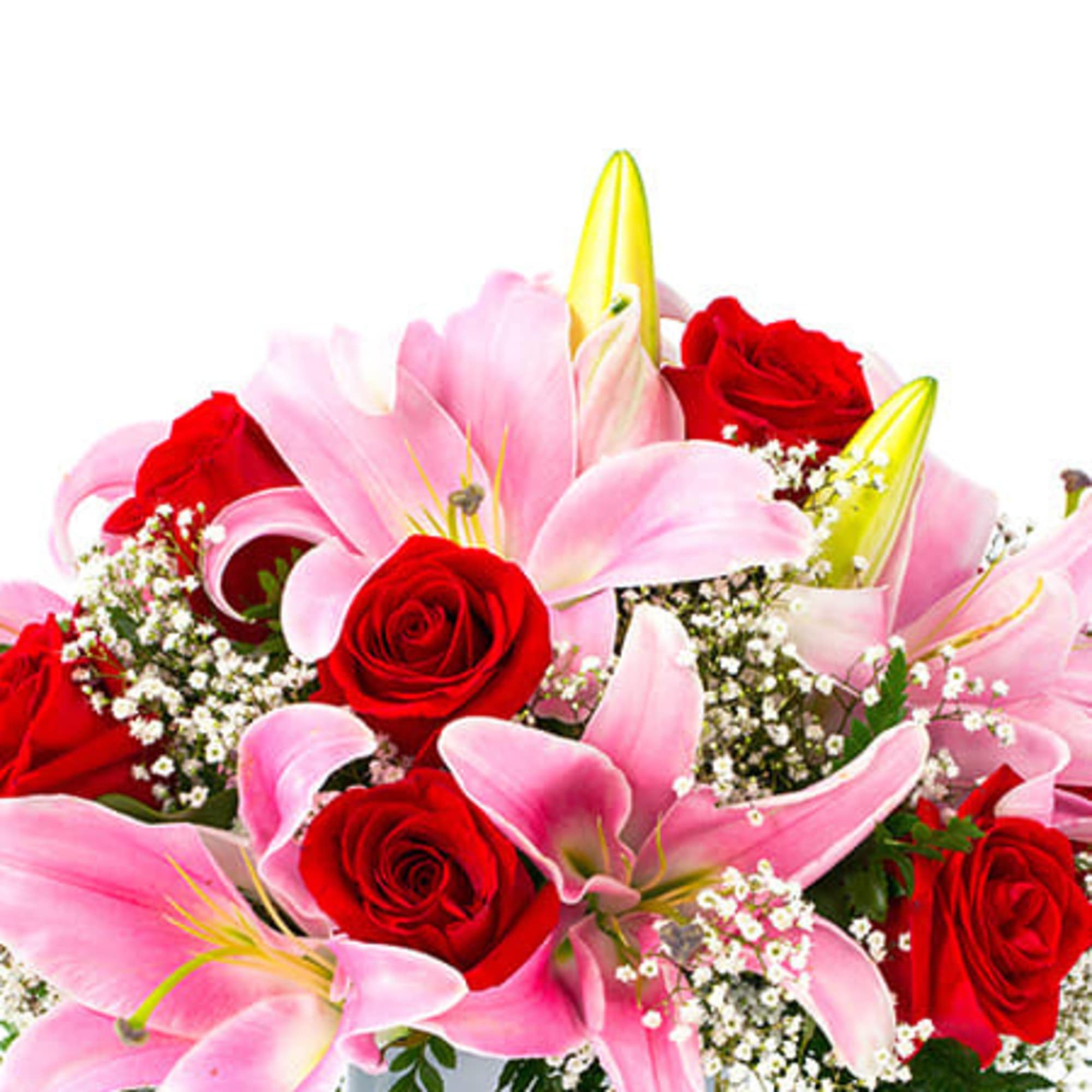 Arrangement of pink lilies, red roses, and white filler flowers in a white vase