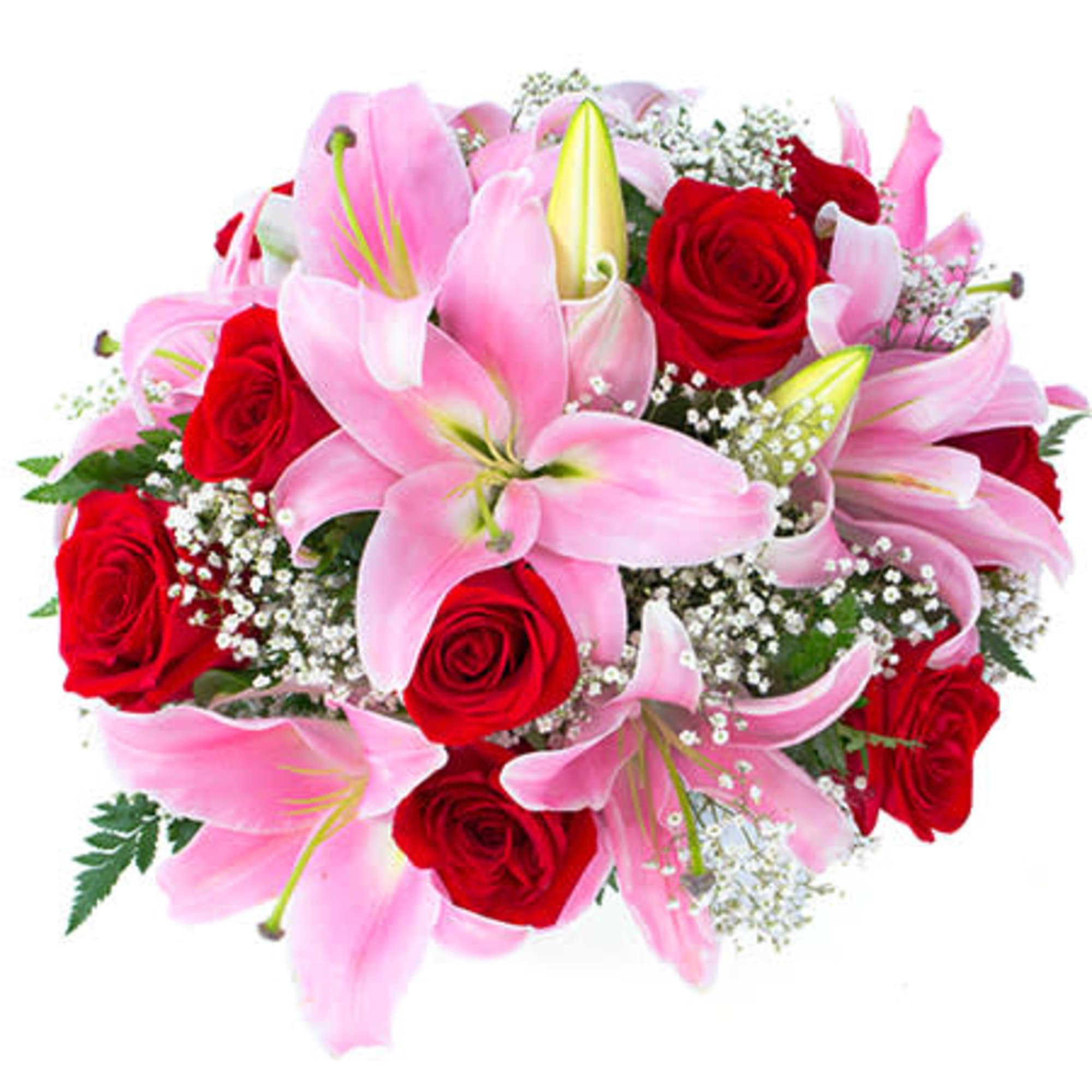 Round bouquet of pink lilies, red roses, and white filler flowers.