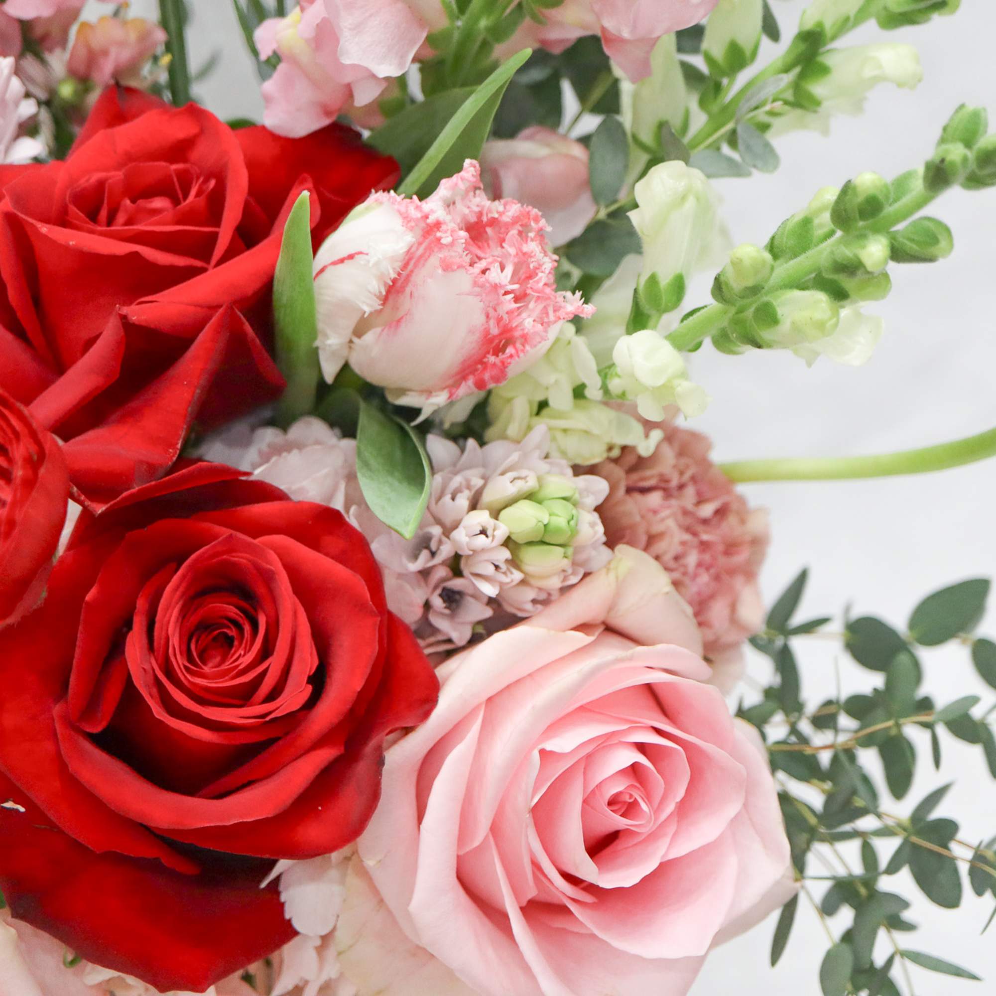 Bouquet of red and pink roses with pale filler flowers