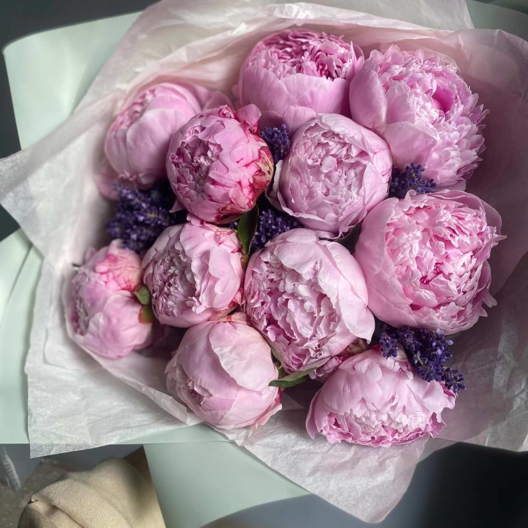 Bouquet of pink peonies with small purple filler flowers wrapped in white paper
