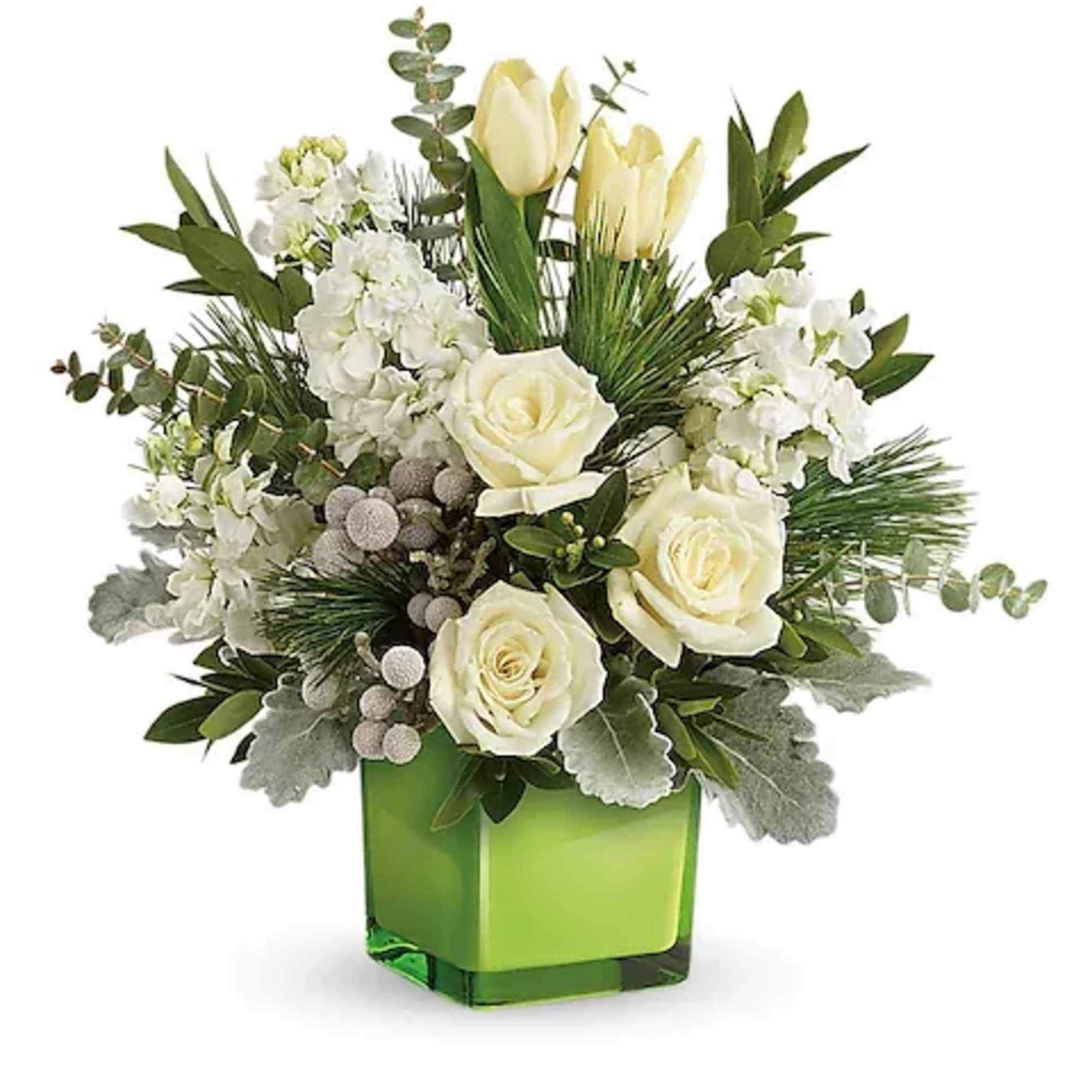 A stylish pop of winter style, this snow-white bouquet in a fresh