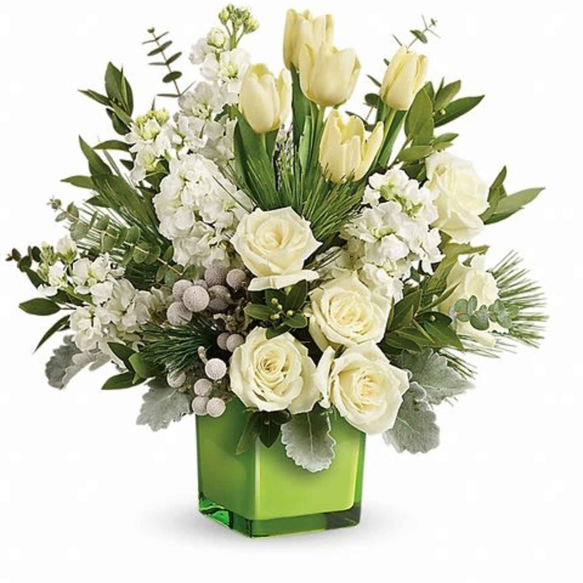 A stylish pop of winter style, this snow-white bouquet in a fresh