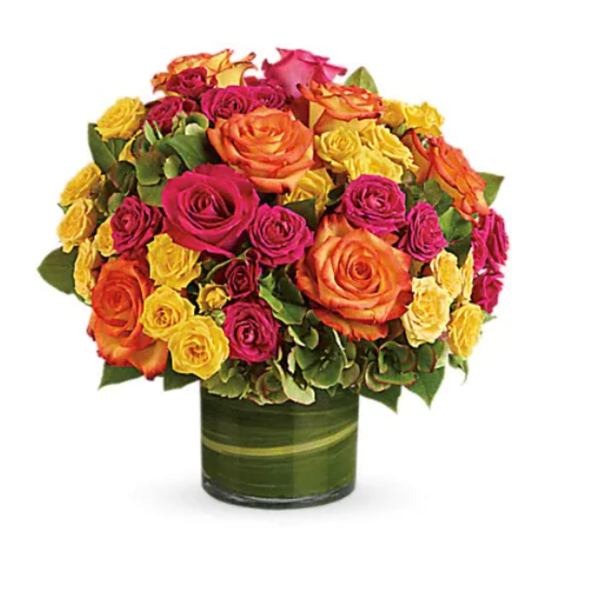 Bouquet of multicolored roses in a green glass vase