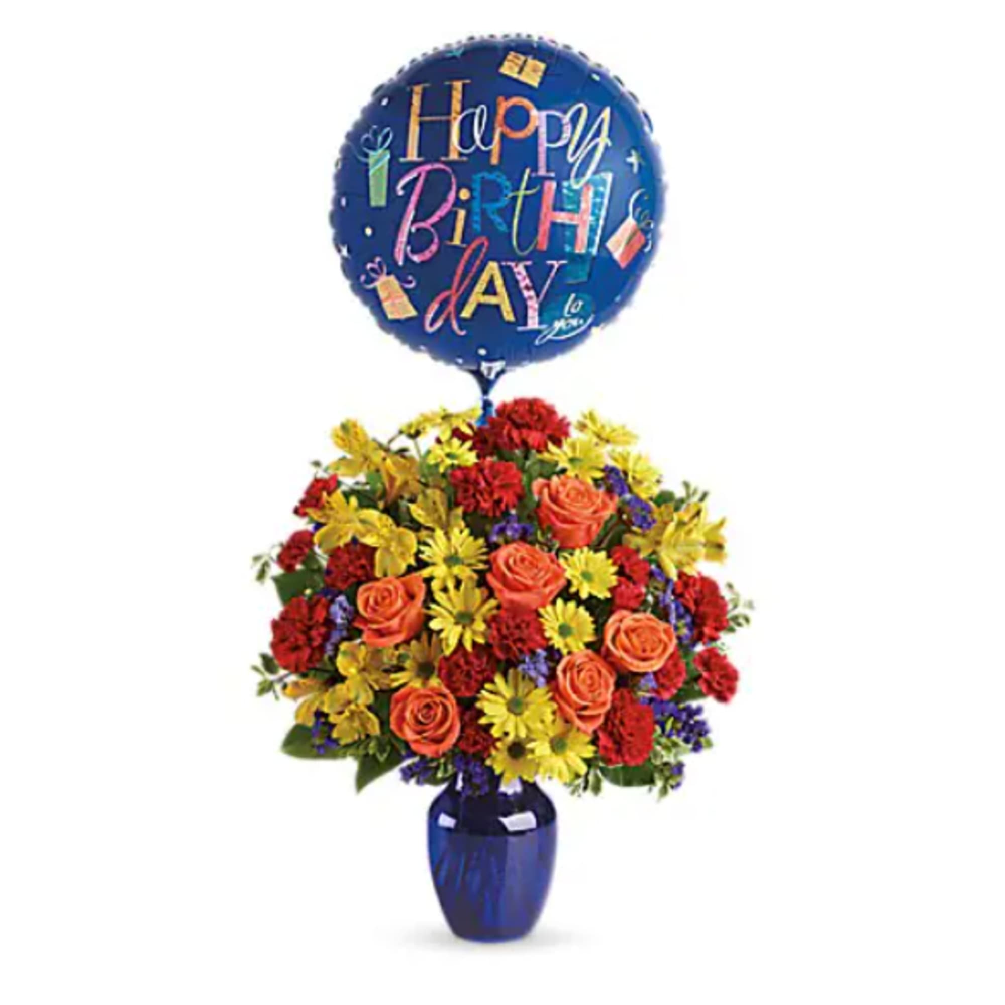 Birthday bouquet in a blue vase with a birthday balloon above it