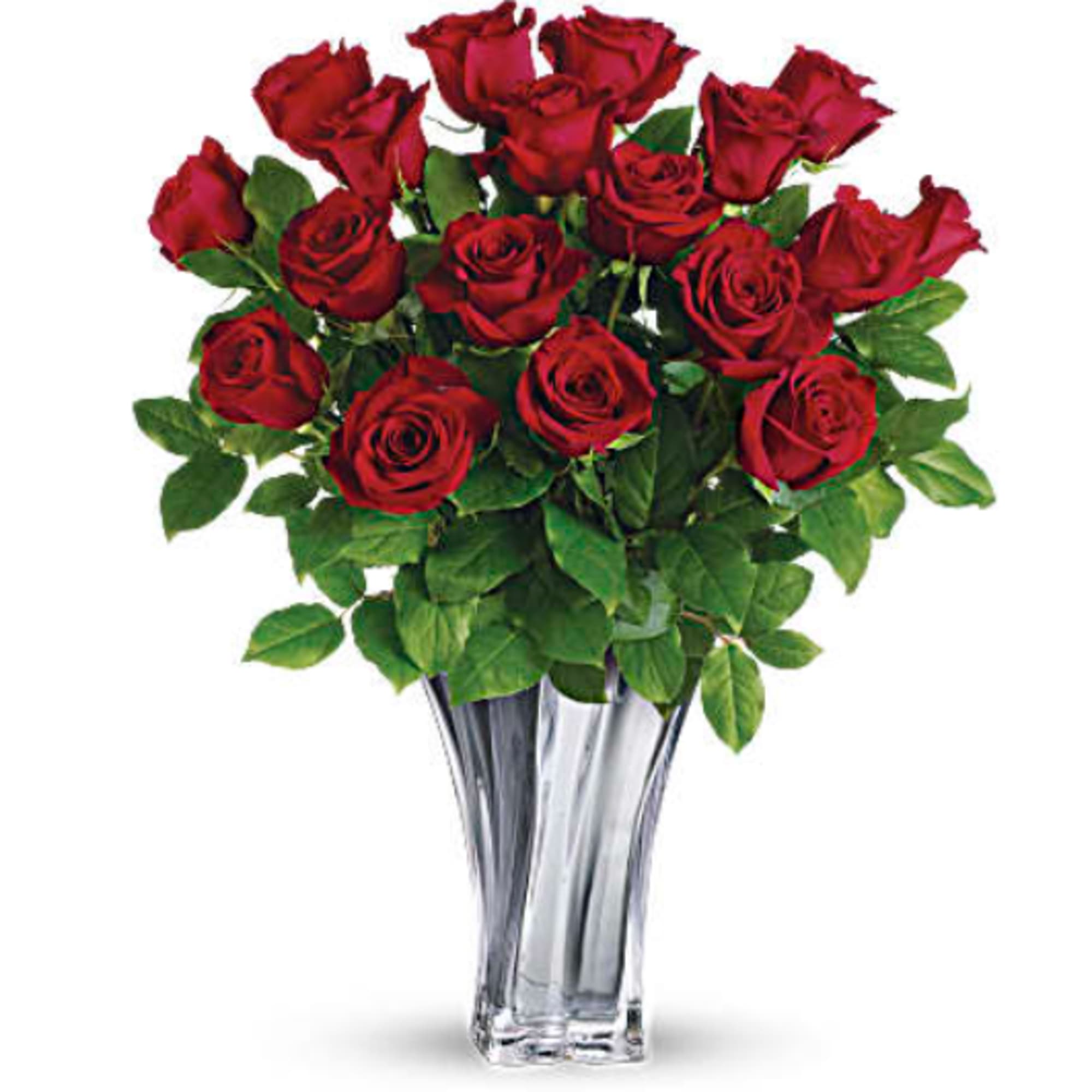 Red roses arranged in a clear glass vase