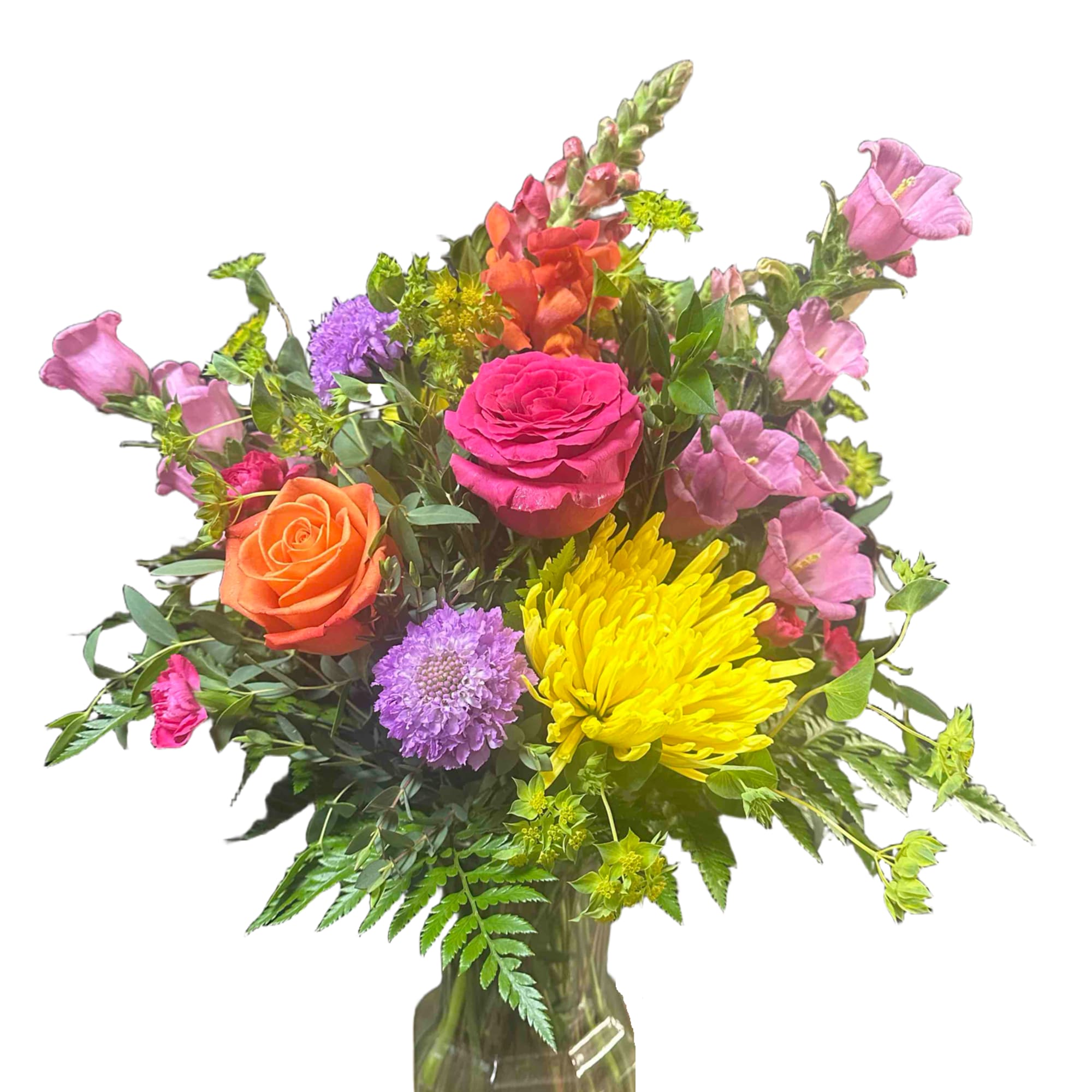 Mix of bright roses, chrysanthemums, snapdragons and colorful accent flowers
