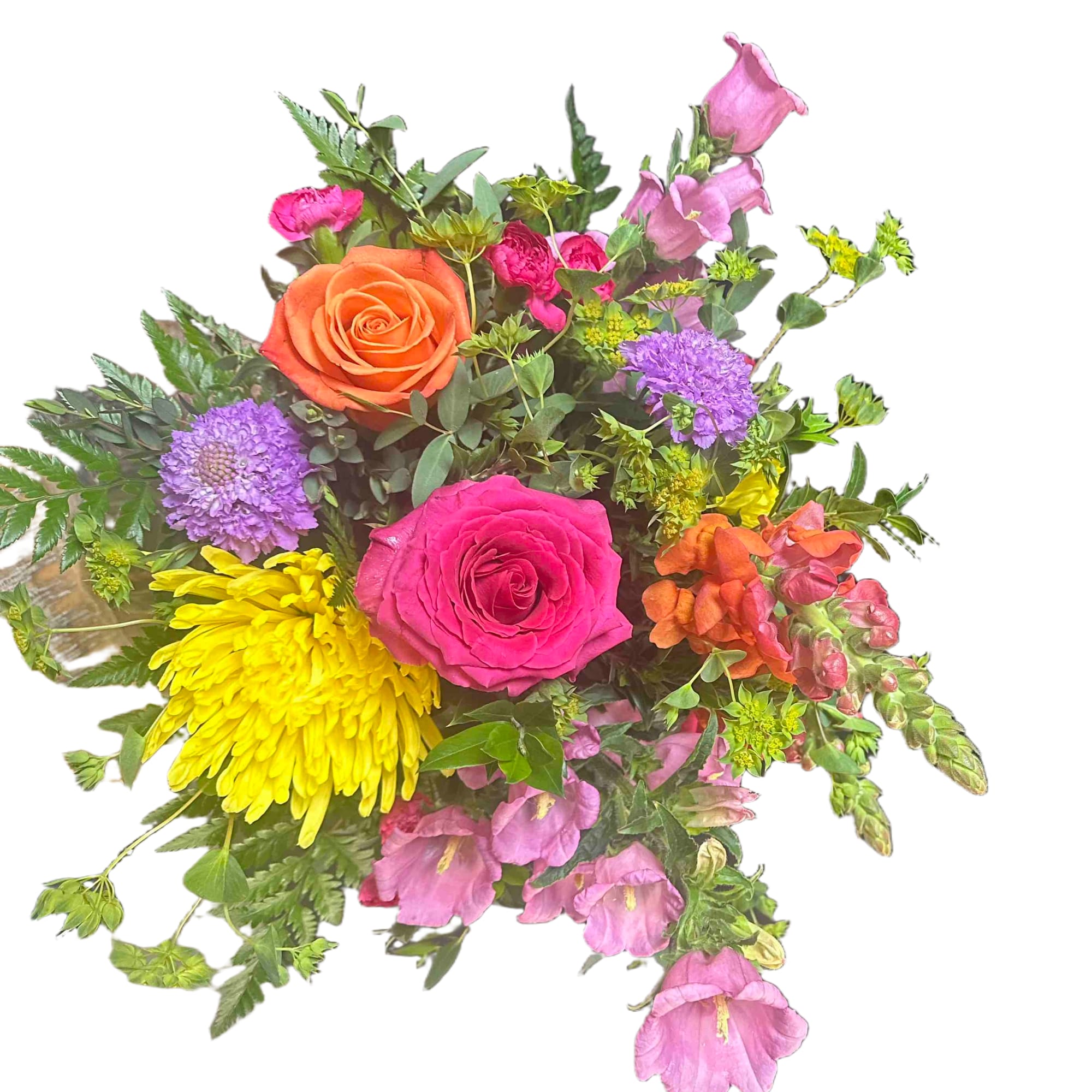 Mix of bright roses, chrysanthemums, snapdragons and colorful accent flowers
