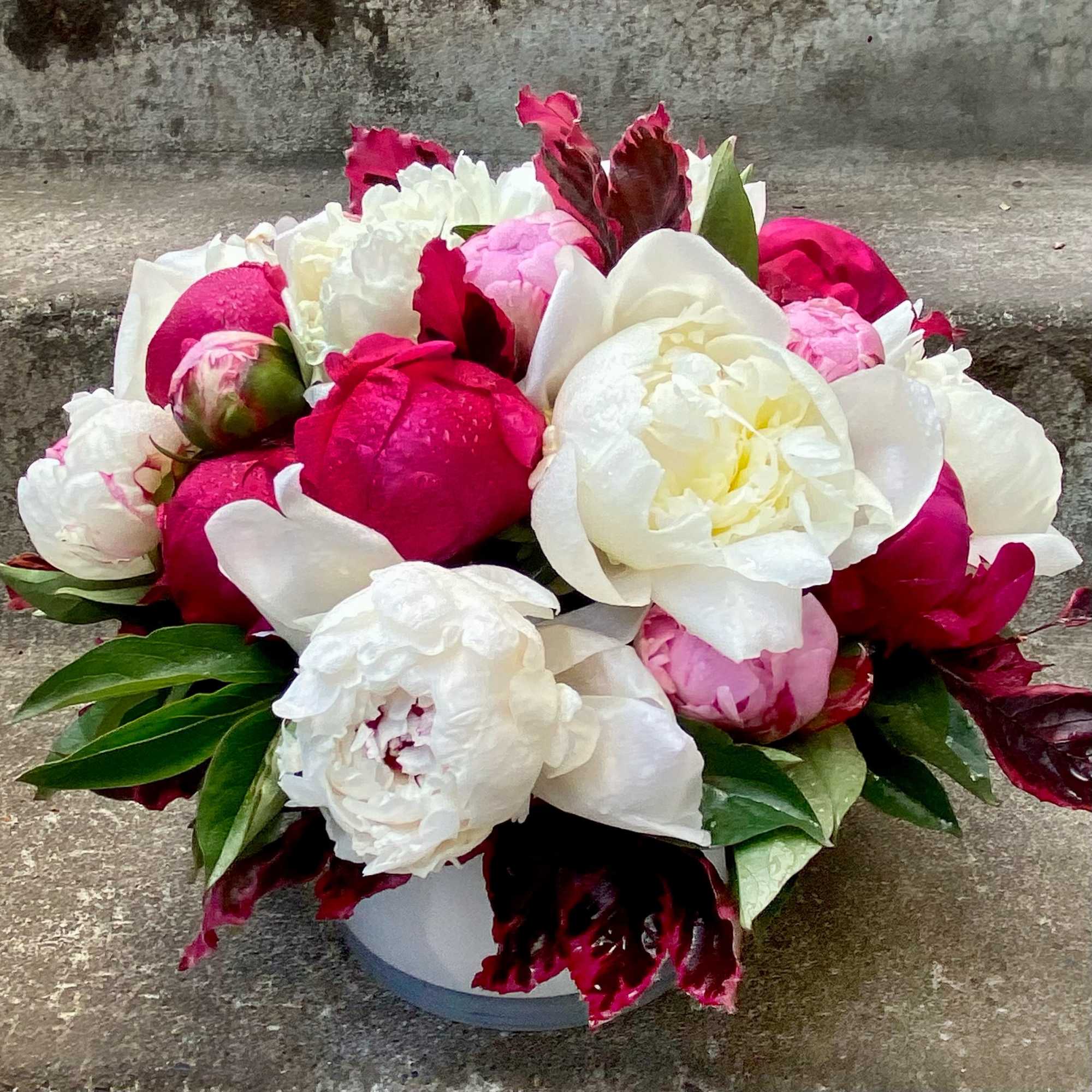 Round bouquet of pink and white peonies in a low container