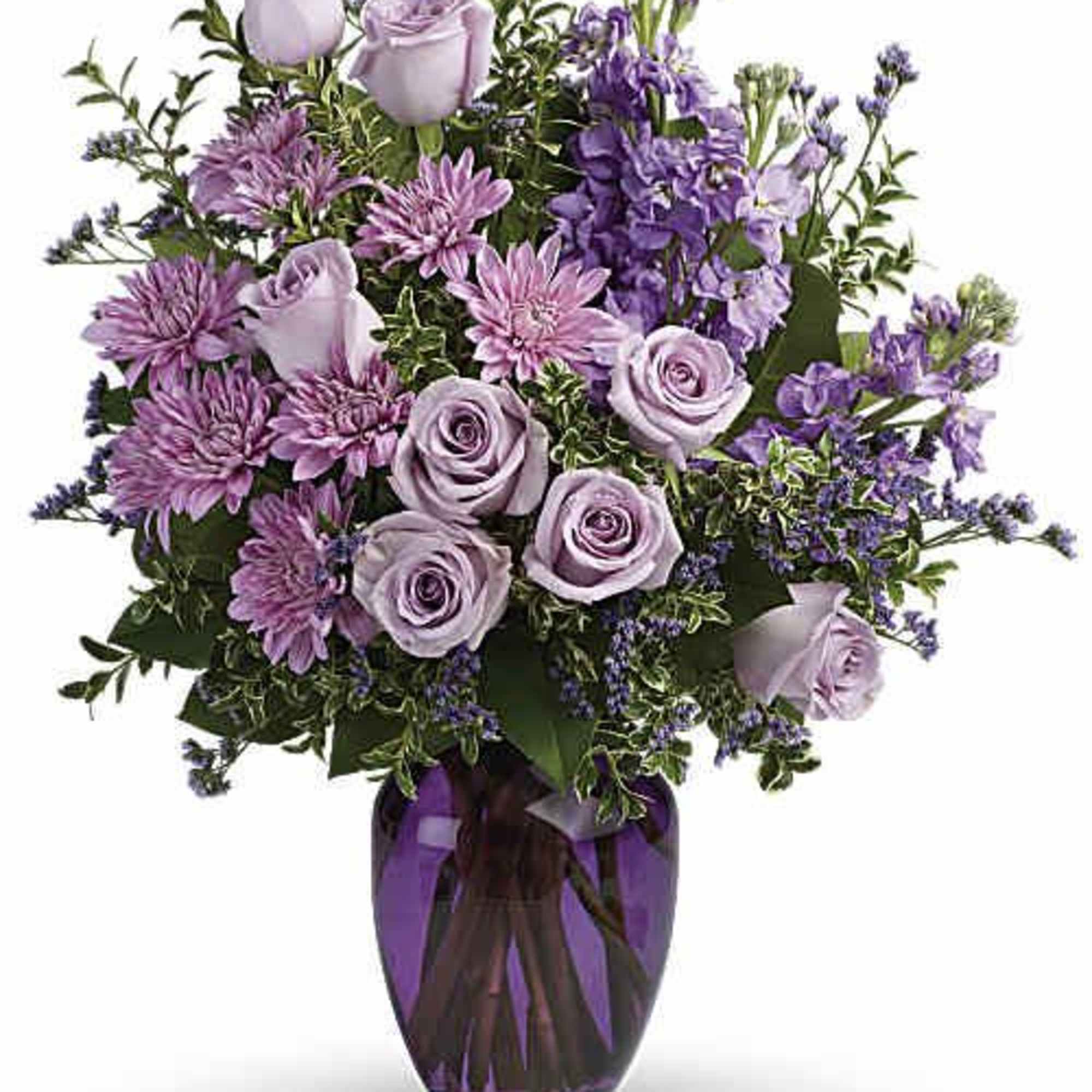Soft lavender roses and dusky pink‑purple chrysanthemums come together in a lush