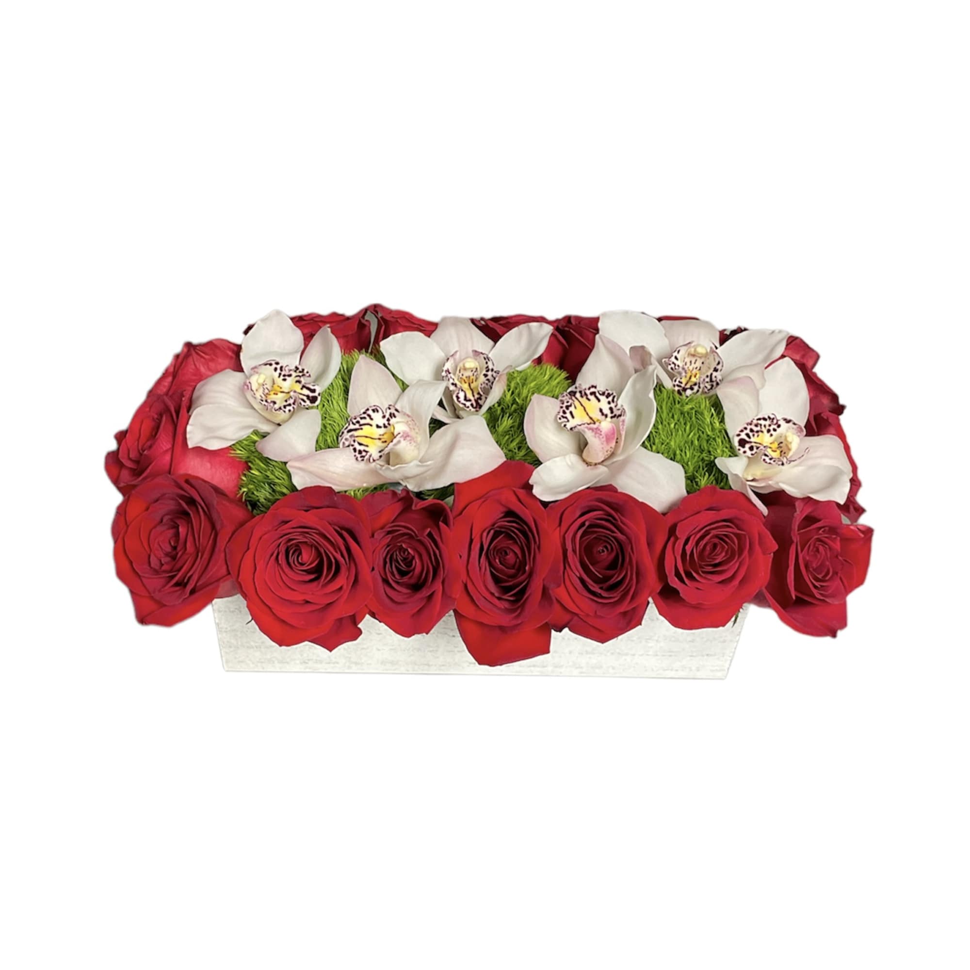 Red roses with white orchids in a rectangular box