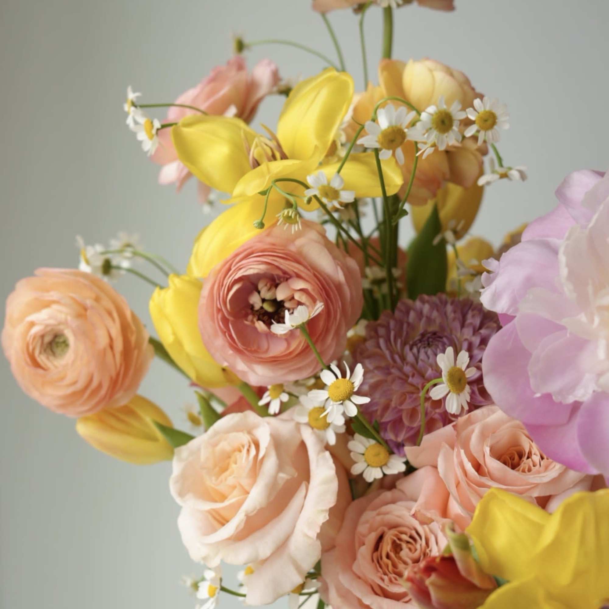 A vibrant spring arrangement designed to bring instant joy. Featuring tulips, ranunculus