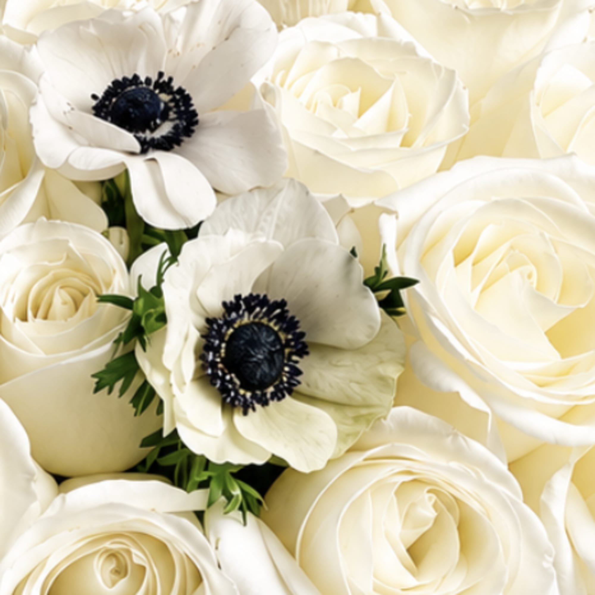 As Shown. A perfect pairing of 36 white roses, anemone, and Israeli