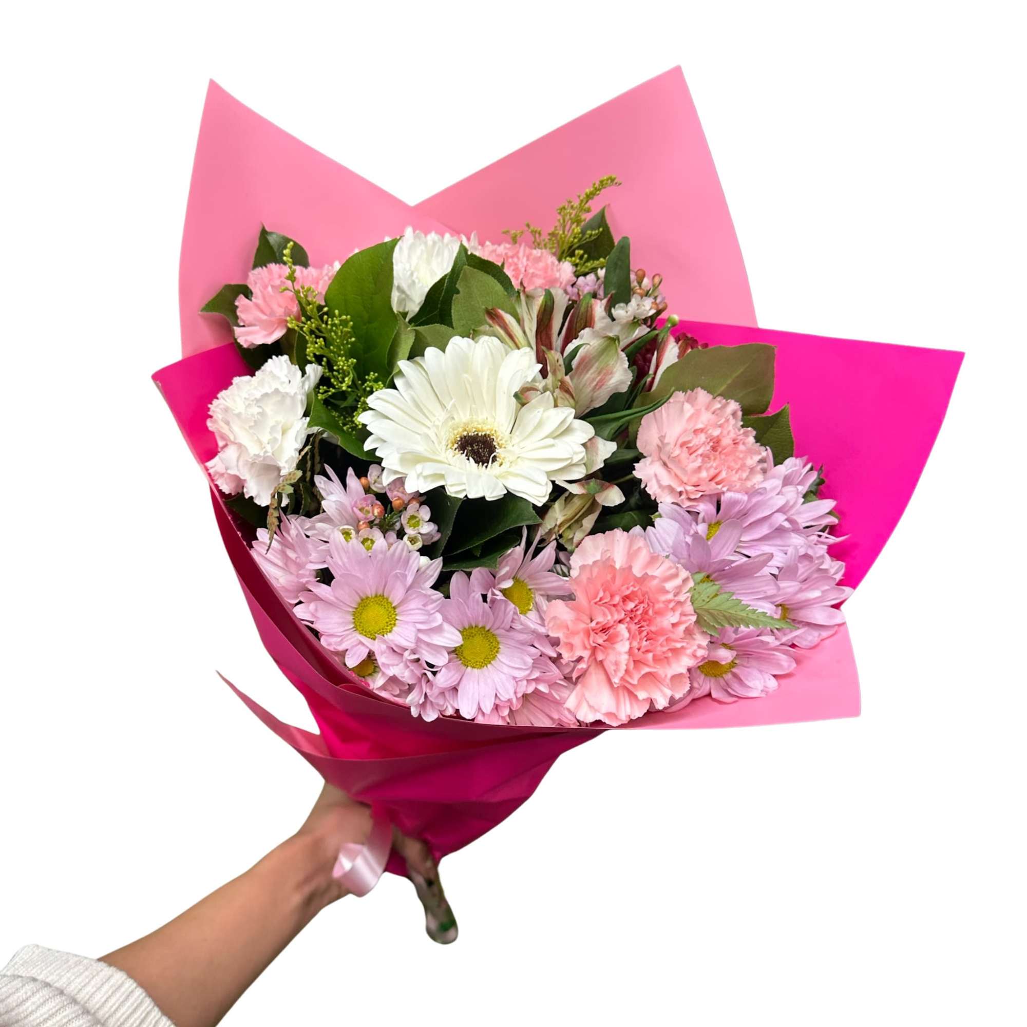 Hand held bouquet with our freshest mix florals. A bright colorful bouquet