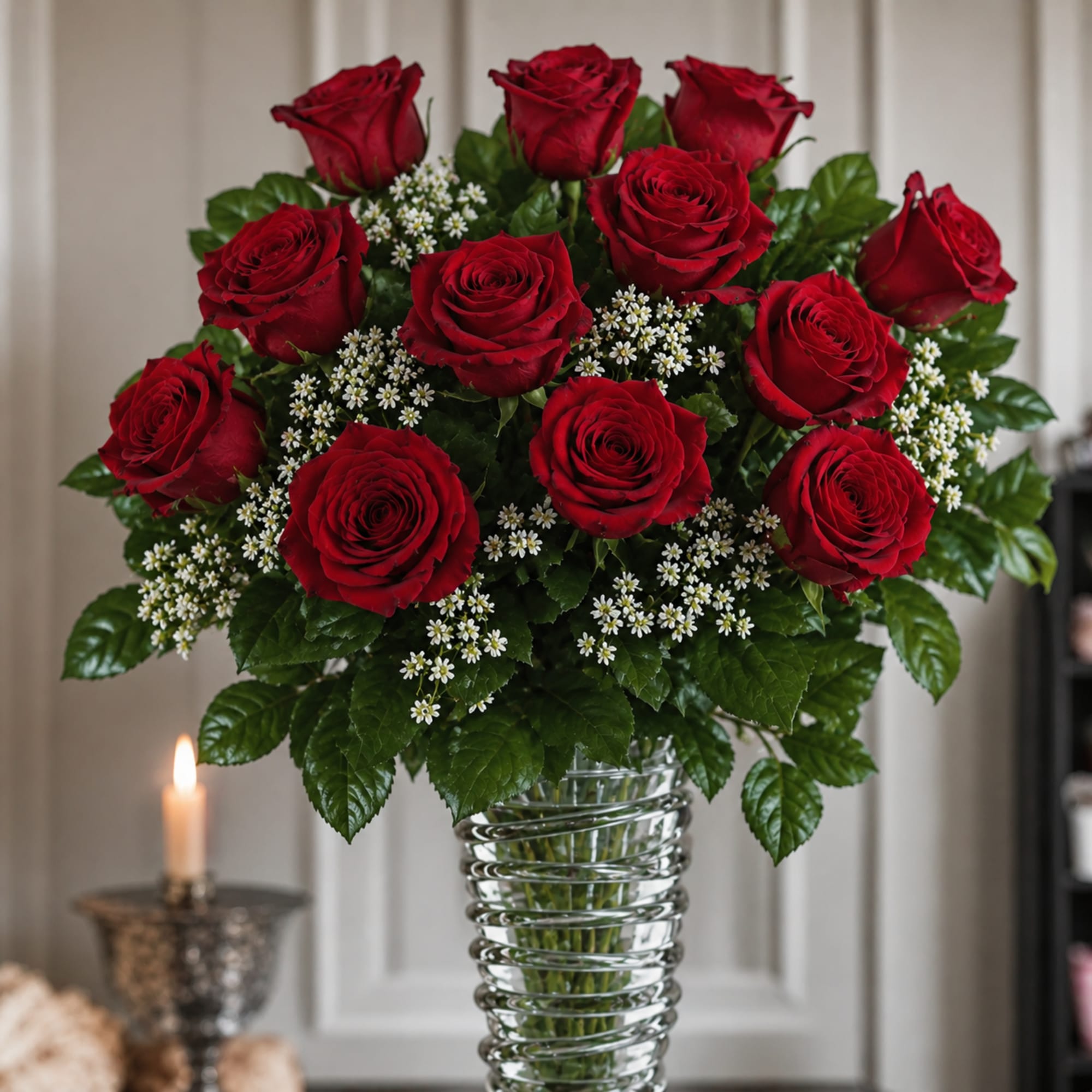 A timeless arrangement of premium red roses, delicate white wax flowers, and